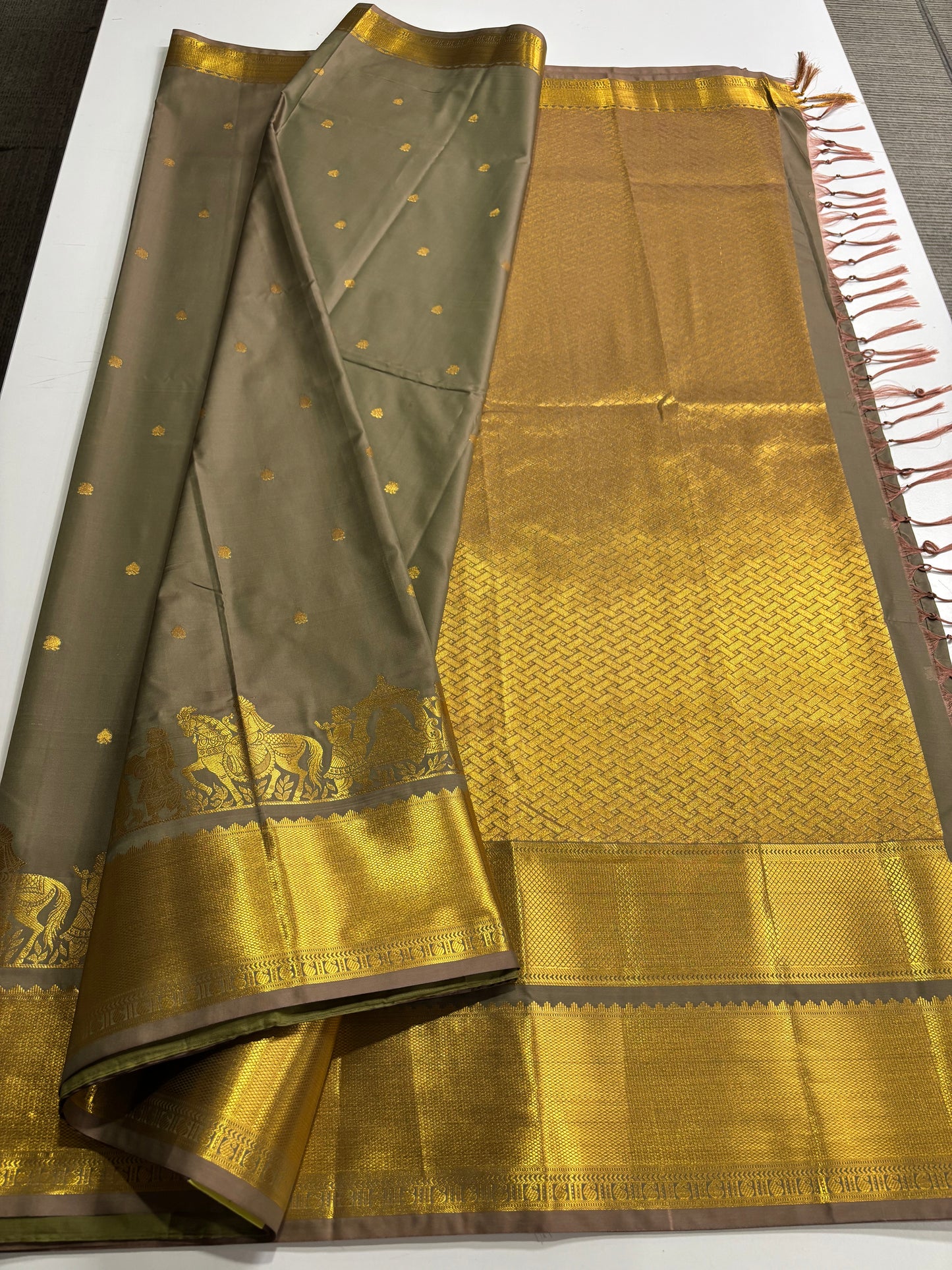Elegant Pastel Grey Semi Silk Saree with Golden Highlights with Palki Patterns | Shrees Fashion