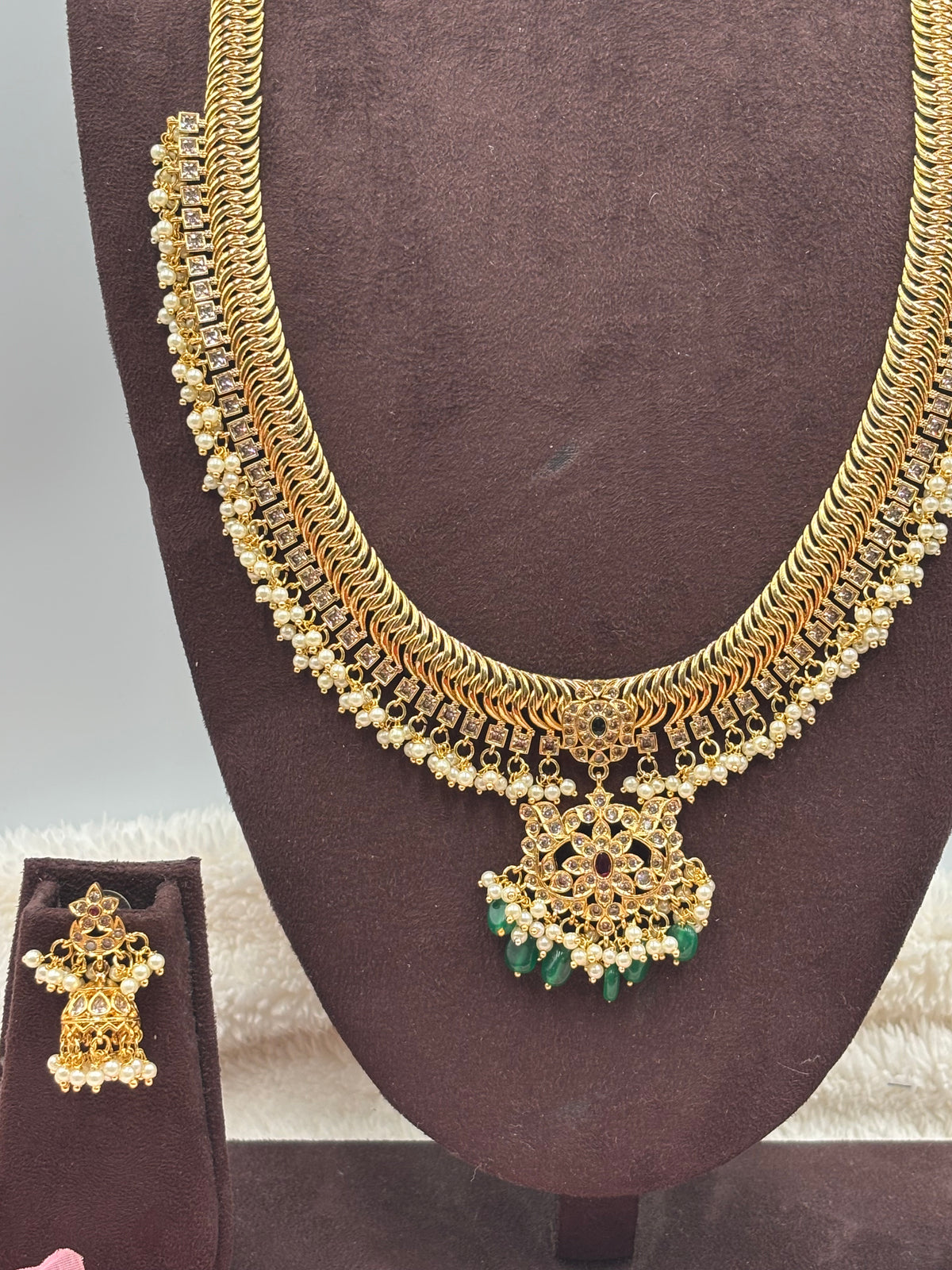 Antique Gold Haram Set with Lakshmi Design, Pearls & Green Beads – Traditional Temple Jewellery