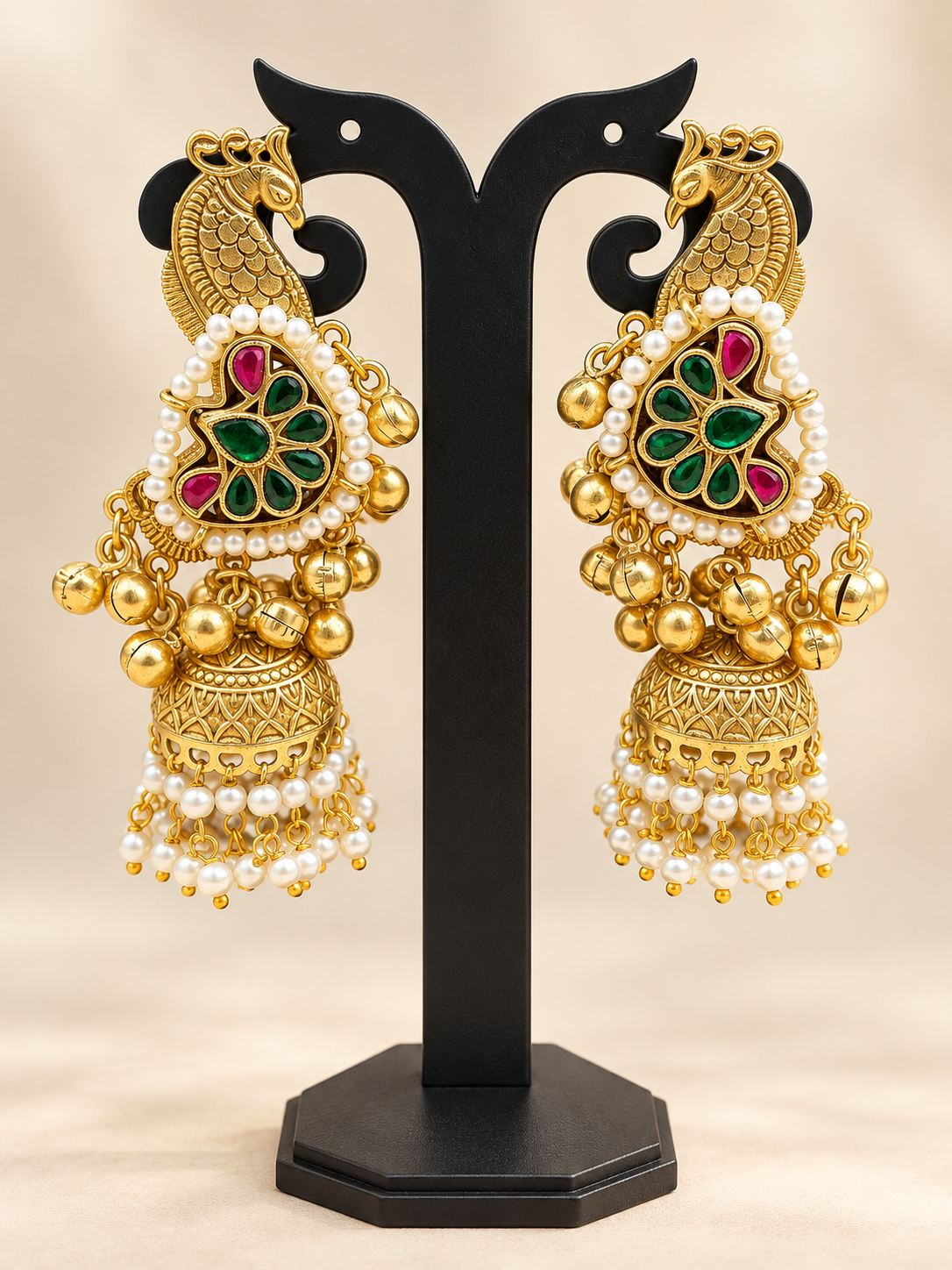 Classic Gold Finish Peacock Meenakari Earrings with Pearls & Gold Beads