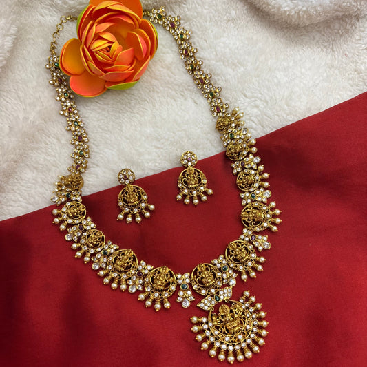 Beautiful temple design long haram sets with cubic zirconia stones