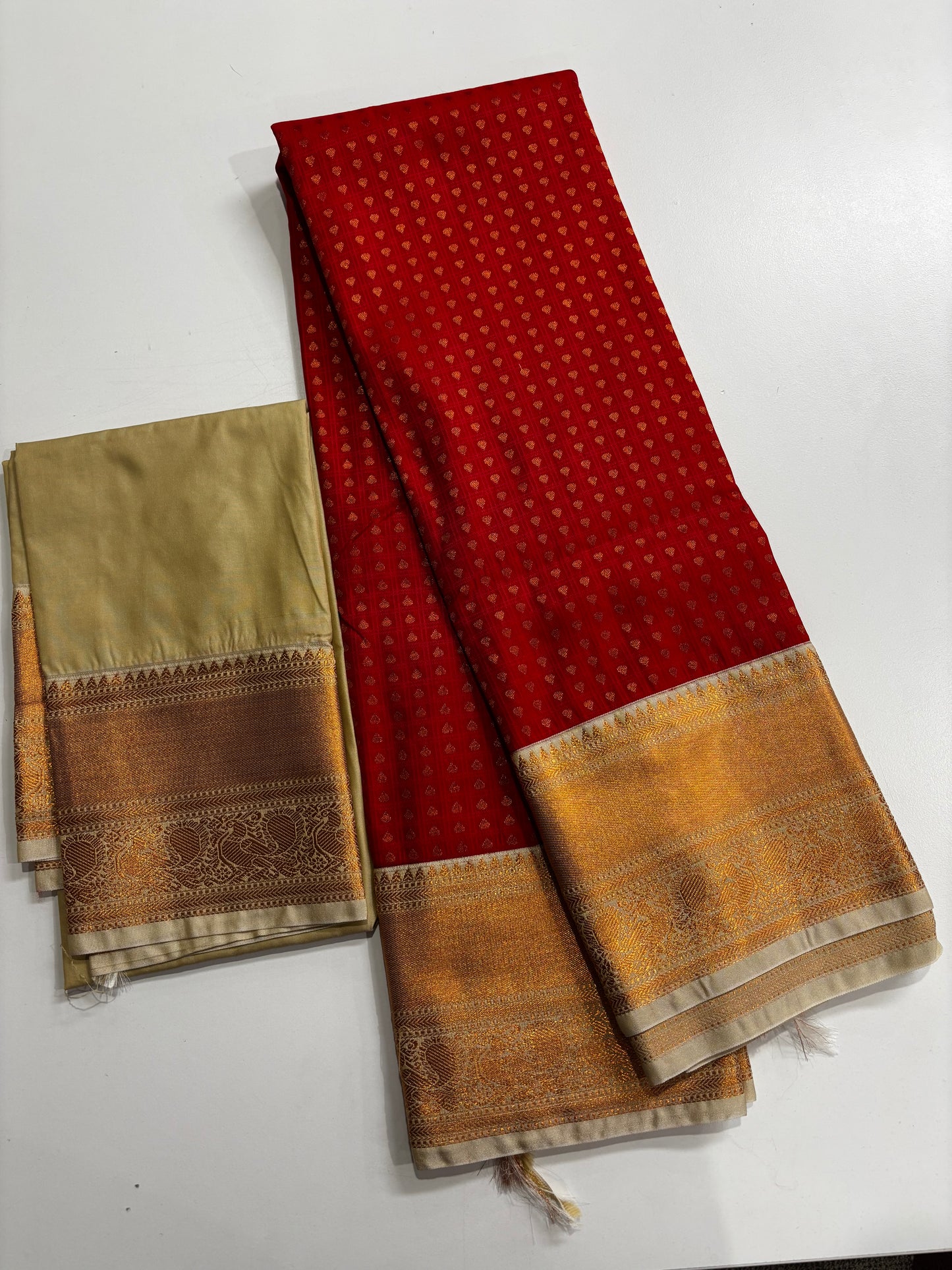 Elegant Red and Beige Semi Kanchipuram Saree with Golden Weave