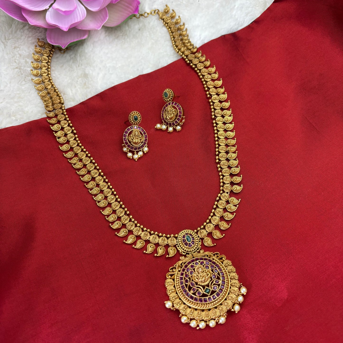 Graceful Heritage – Mango Design Long Haram with Pink Kemp Stones
