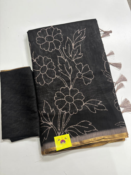Elegantly Crafted Black Linen Cotton Saree with Beige Floral Print, Golden Border, Tassels & Blouse Piece