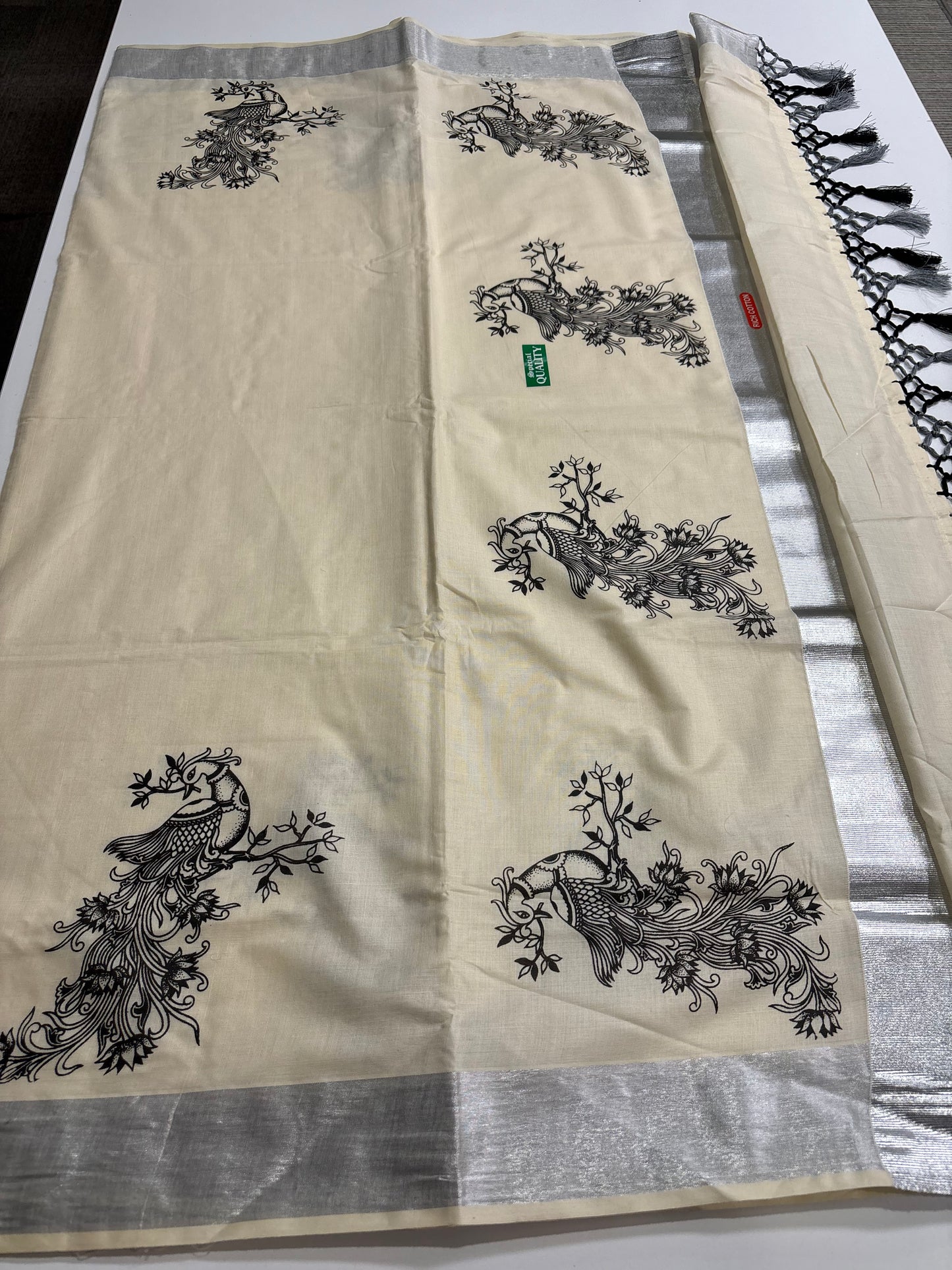 Kerala Kasavu Cotton Saree with Mural Art & Black Tassel Finish | Shrees Fashion