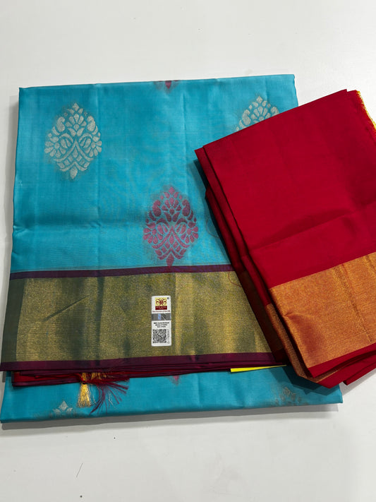 Traditional Pure Kanchipuram Silk Saree – Blue with Gold Weave and Pink Highlights
