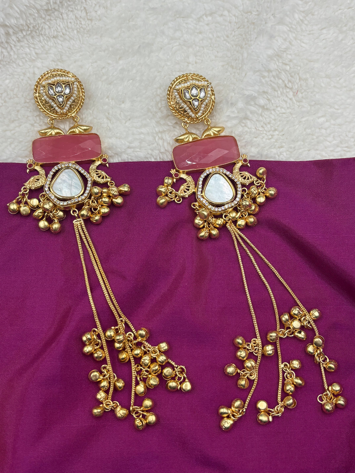 Modern Ethnic Kashmiri Earrings with Peacock Top & Gold Ghungroos