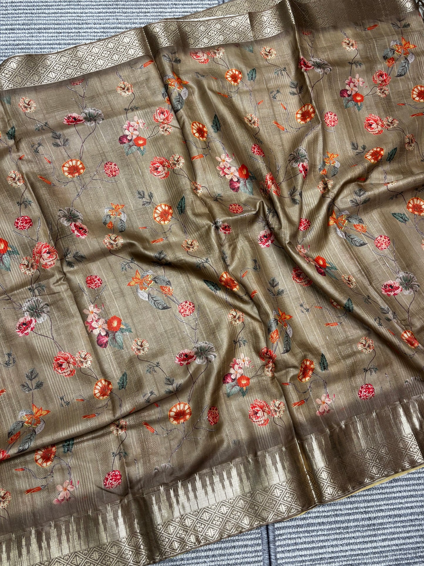 Elegant Light Brown Banarasi Tussar Saree Featuring Floral Print and Golden Border | Shrees Fashion