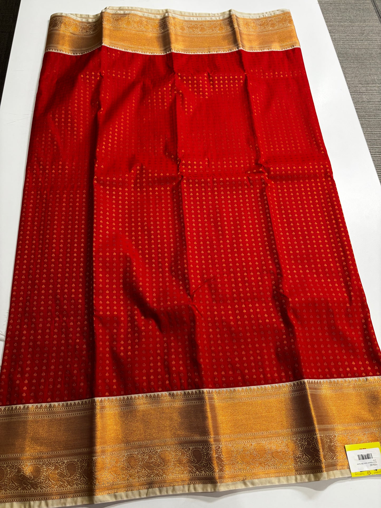 Elegant Red and Beige Semi Kanchipuram Saree with Golden Weave