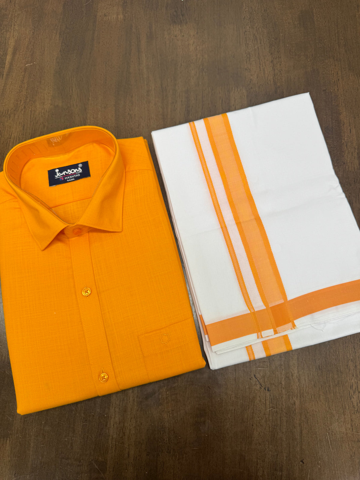 Festive Yellow Full Sleeve Shirt and White Veshti Set with Yellow Border