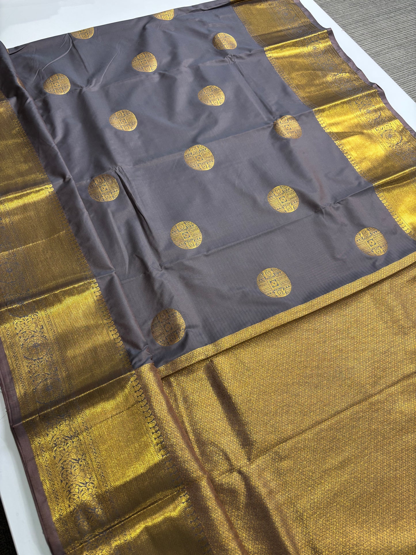 Elegant Greyish Blue Kanchipuram Semi Silk Saree with Golden Pallu & Border