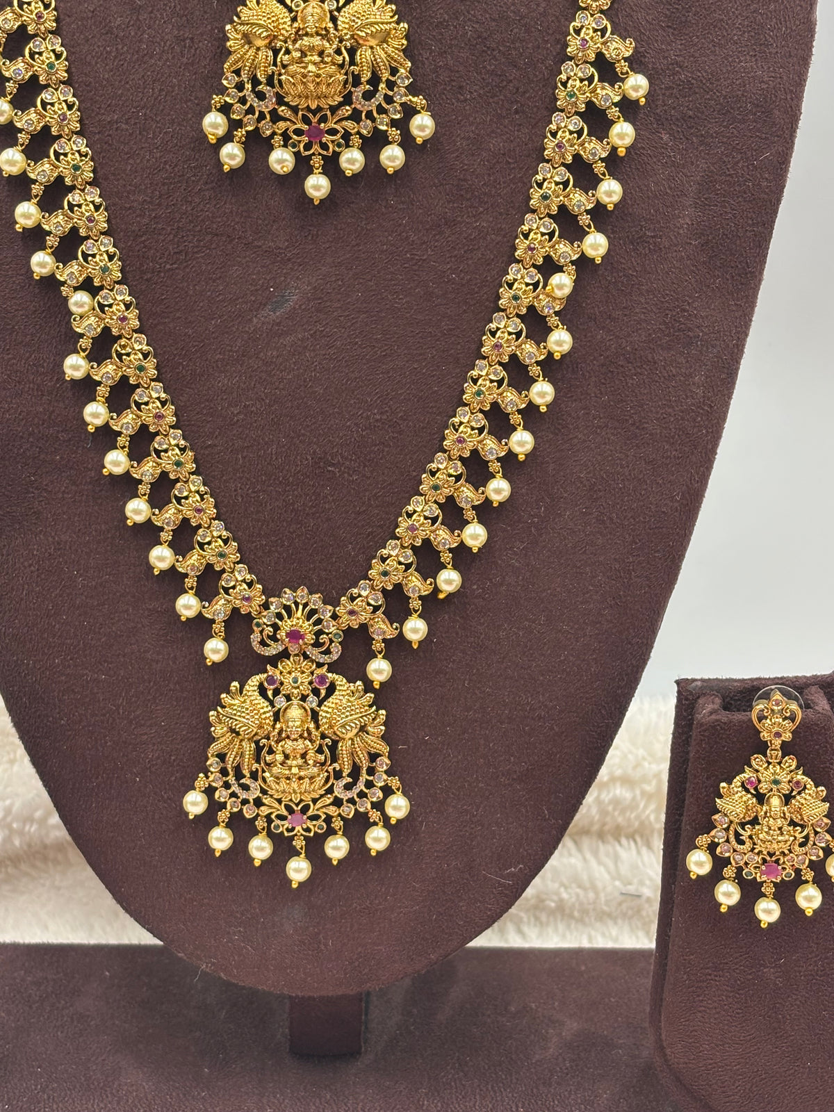 Semi‑Bridal Temple Jewellery Set with Lakshmi Design, Pink Stones & Pearls – Antique Gold Finish