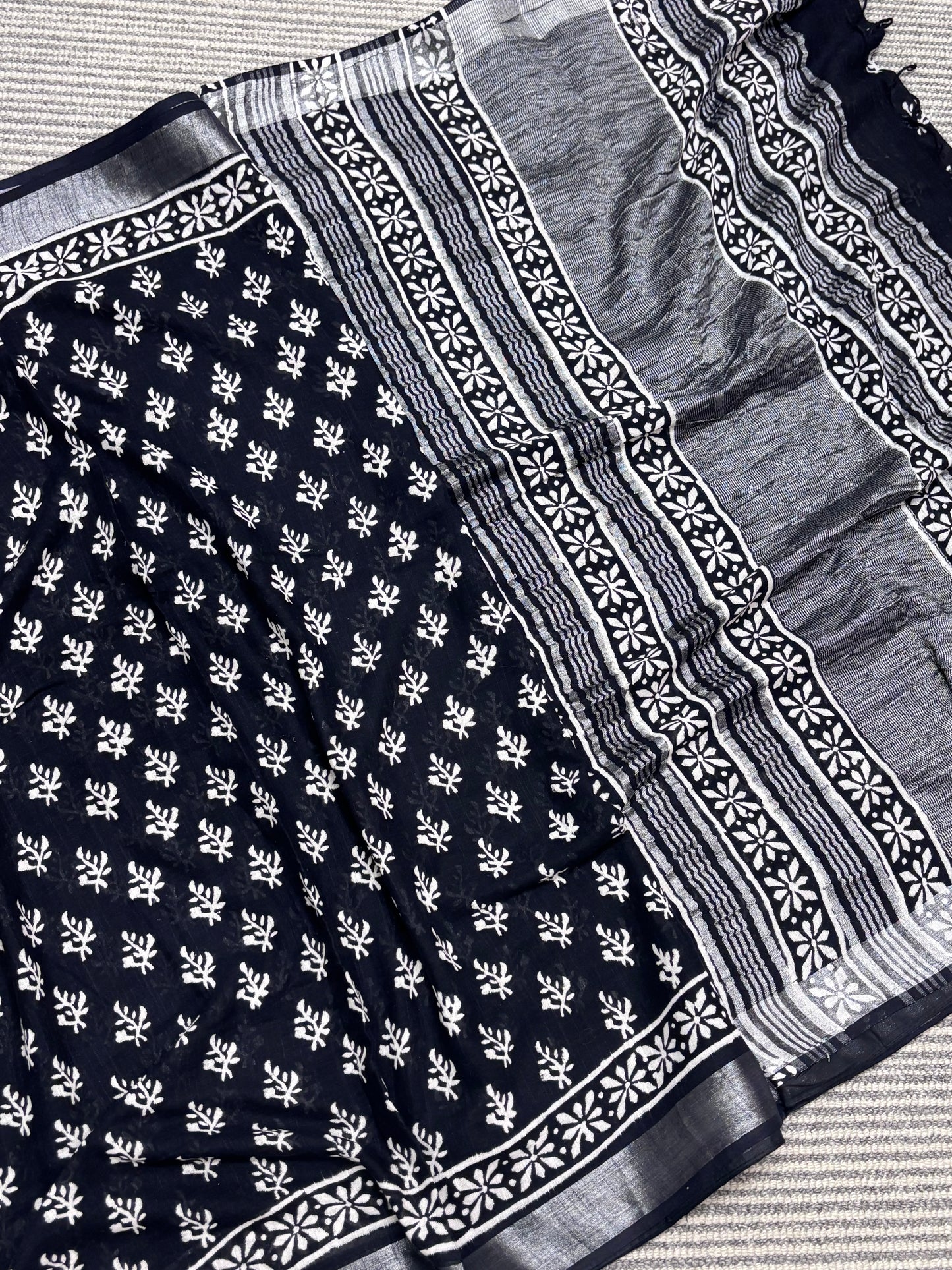 Elegant Black Linen Cotton Saree Featuring Traditional Hand Block Designs | Shrees Fashion