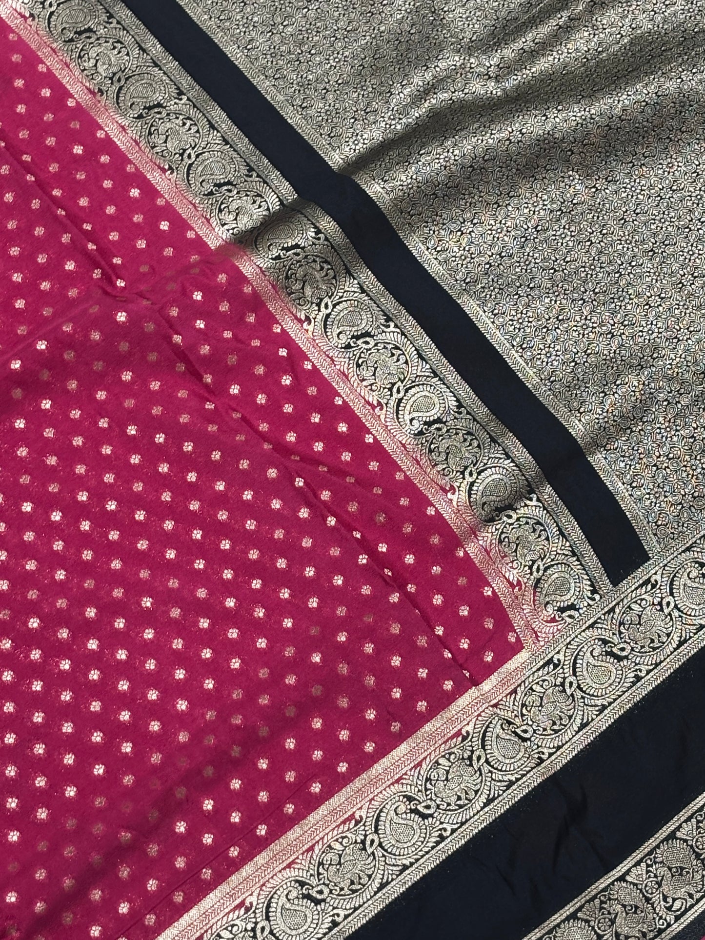 Elegant Pink Banarasi Soft Silk Saree with Elephant Black Border, Pallu & Contrast Blouse Piece