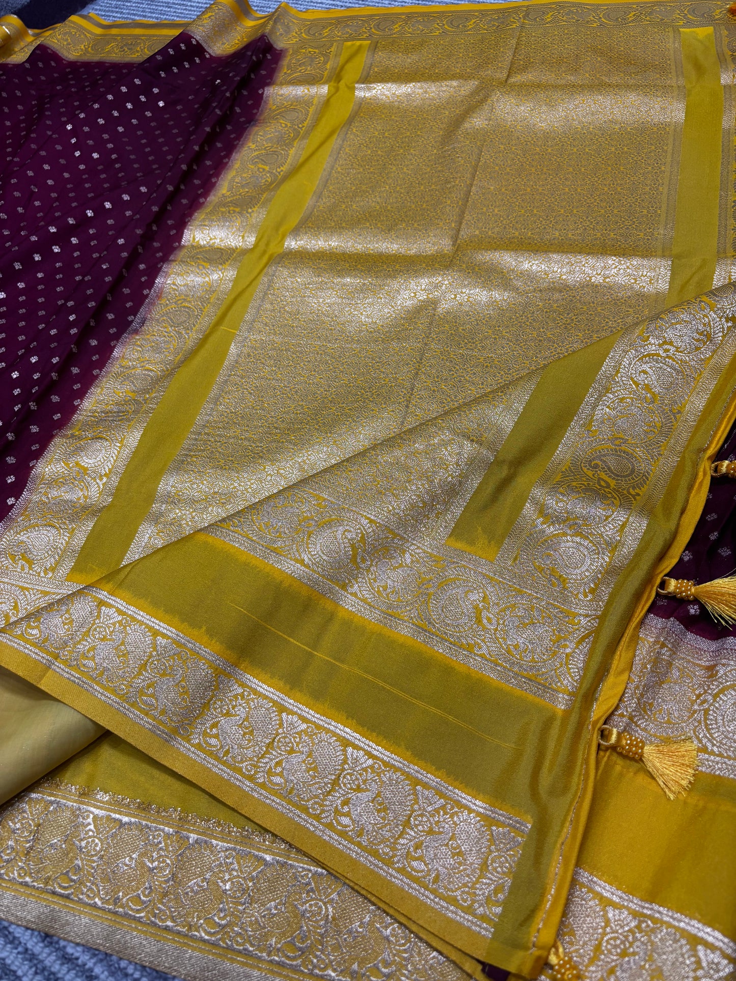 Exquisitely Crafted Wine Banarasi Soft Silk Saree with Vibrant Yellow Border, Pallu & Contrast Blouse Piece | Shrees Fashion