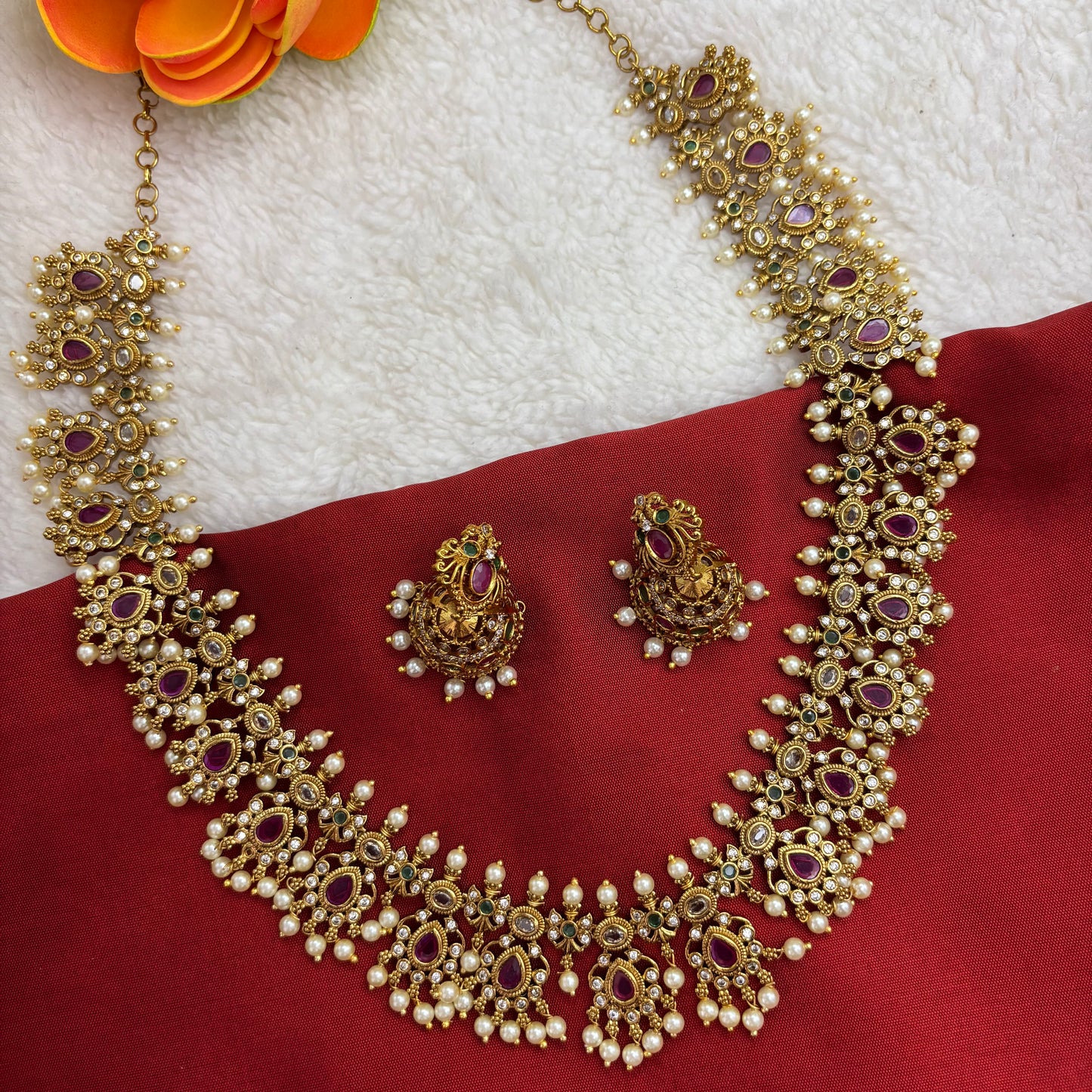 Matte Gold Kuttapusalu Haram Set – Temple-Inspired Elegance with Heritage Pearl Detailing