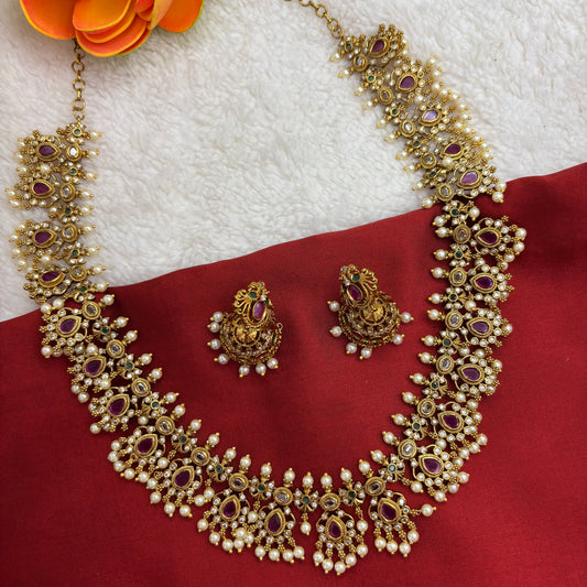 Matte Gold Kuttapusalu Haram Set – Temple-Inspired Elegance with Heritage Pearl Detailing