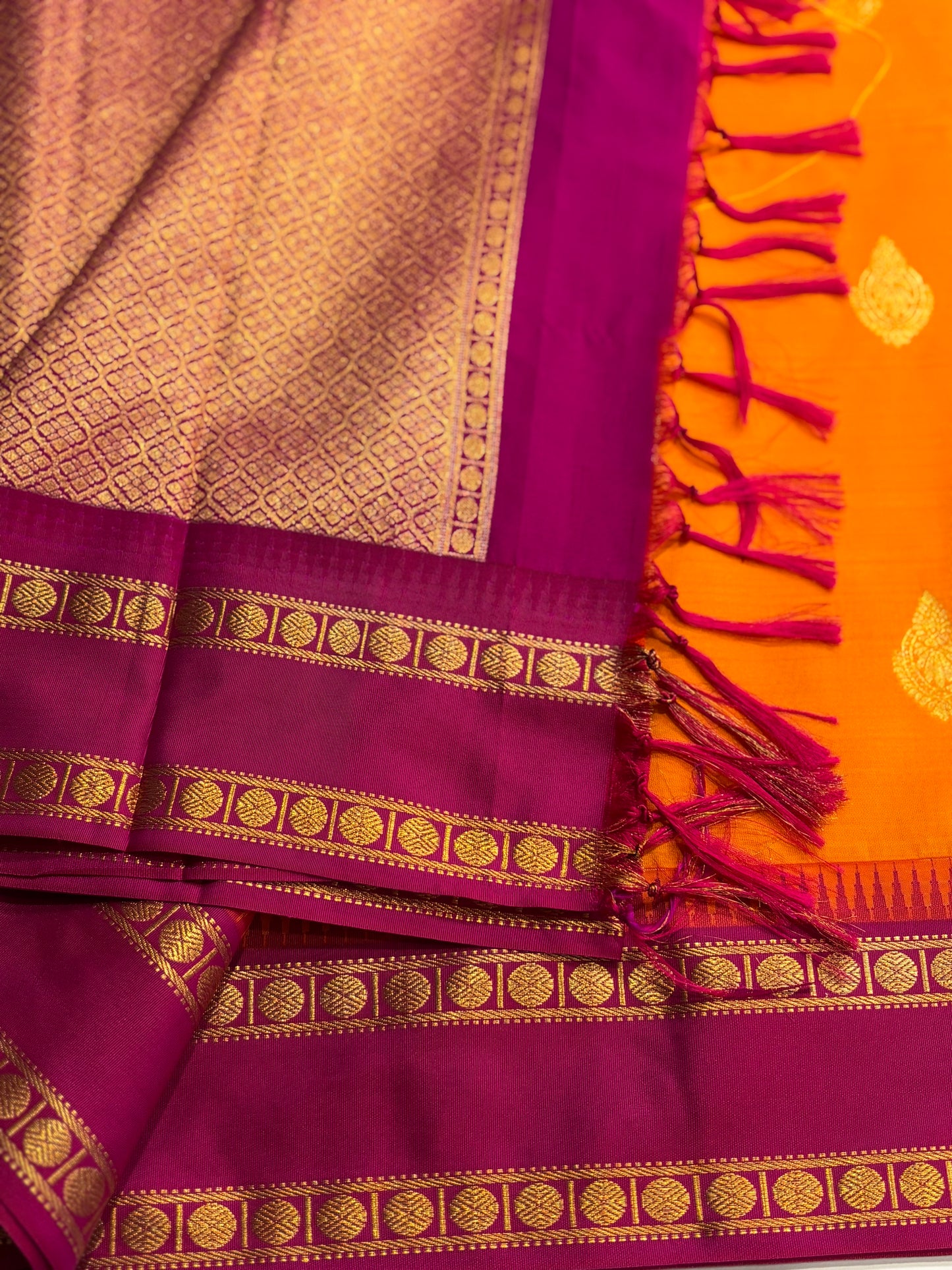 Kanchipuram Semi Silk Saree – Mango Yellow Body with Magenta Border and Pallu