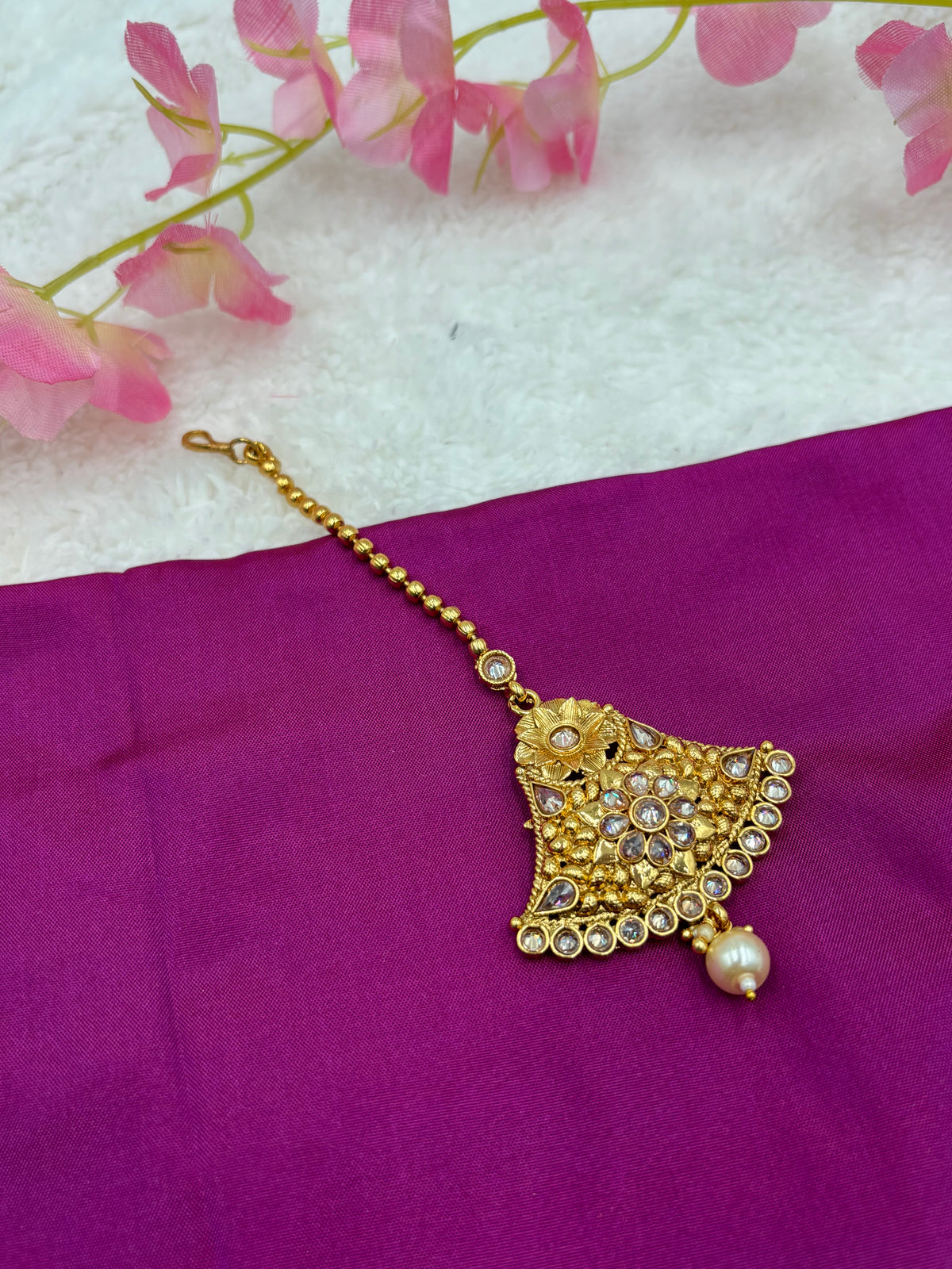 Elegant Matte Finish Tikka – Floral Pattern with Hanging String Chain