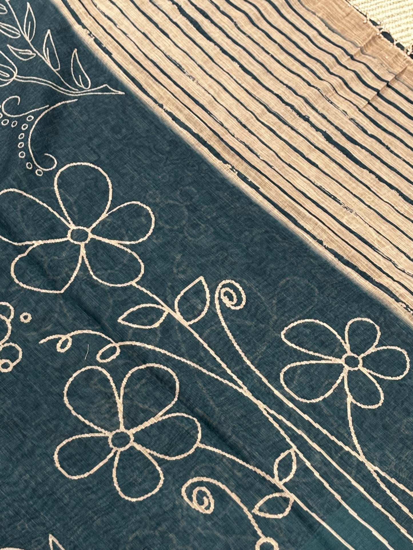 Elegantly Ink Blue Linen Cotton Saree with White Floral Print, Golden Contrast Border & Printed Blouse Piece
