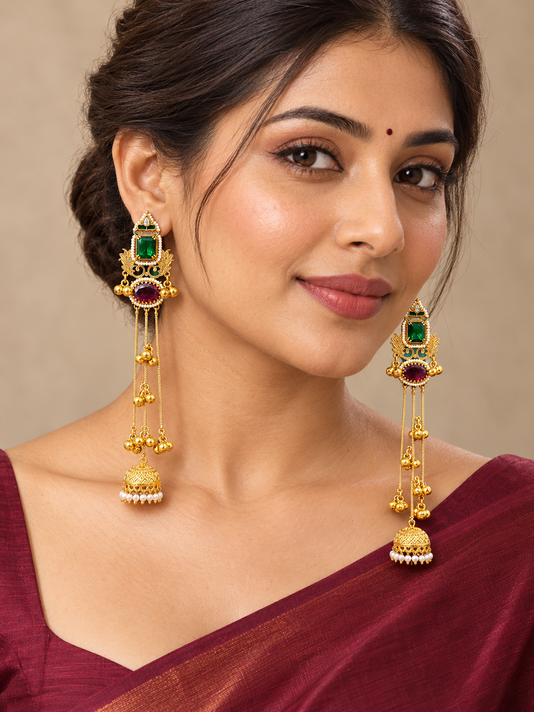 Three‑Layer Kashmiri Kundan Earrings with Green & Maroon Stones and Pearl Dome