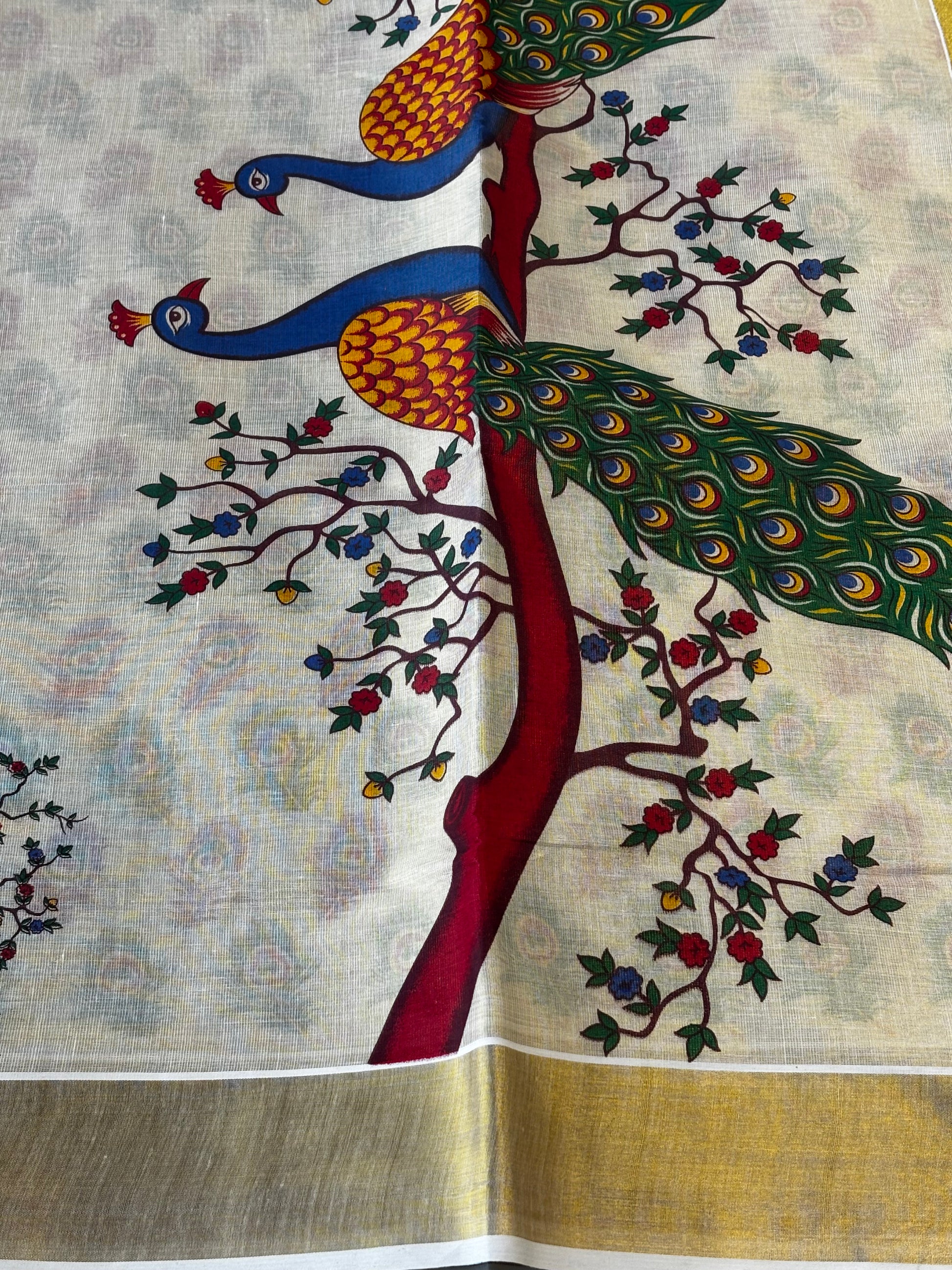 Kerala Kasavu tissue silk saree with peacock and floral tree pallu – view 3