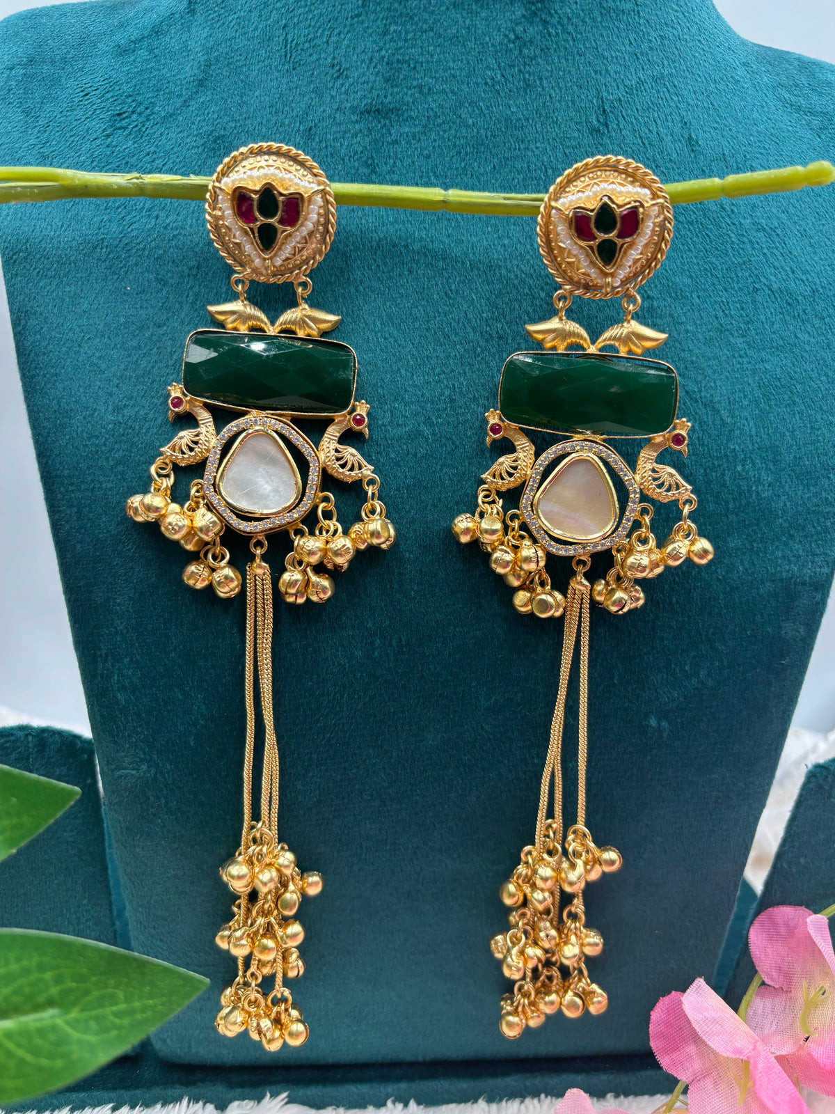 Modern Ethnic Kashmiri Earrings with Peacock Top & Dark Green Detailing
