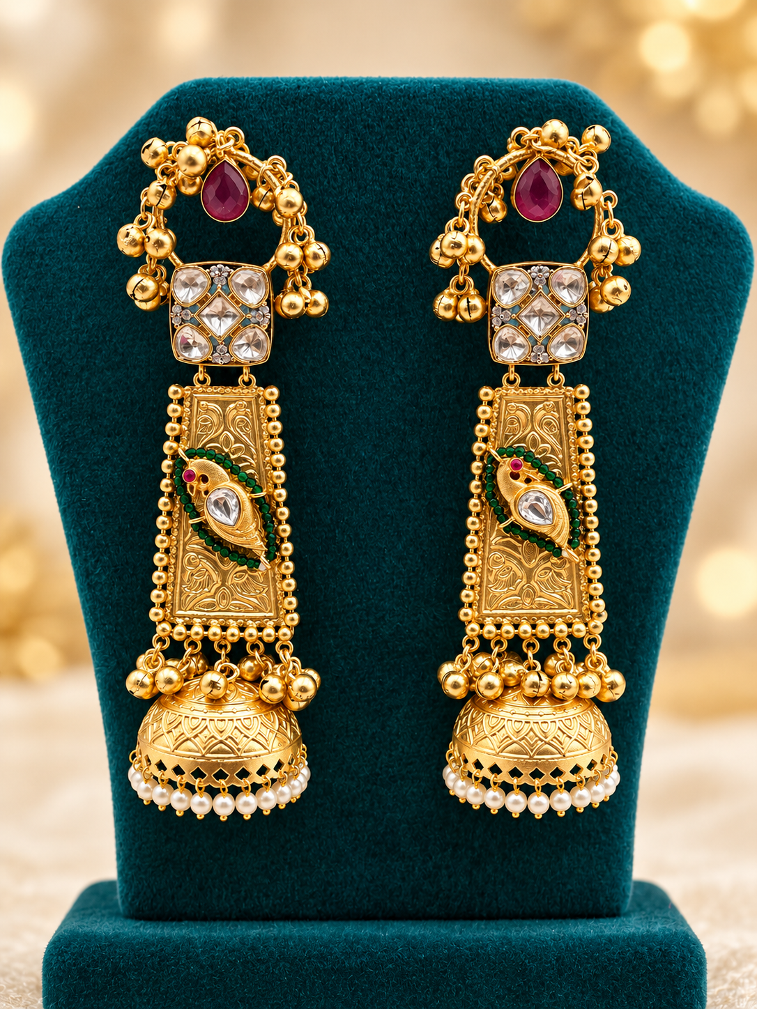 Designer Kashmiri Earrings in Gold Finish with Kundan Stones & Jhumka Drop