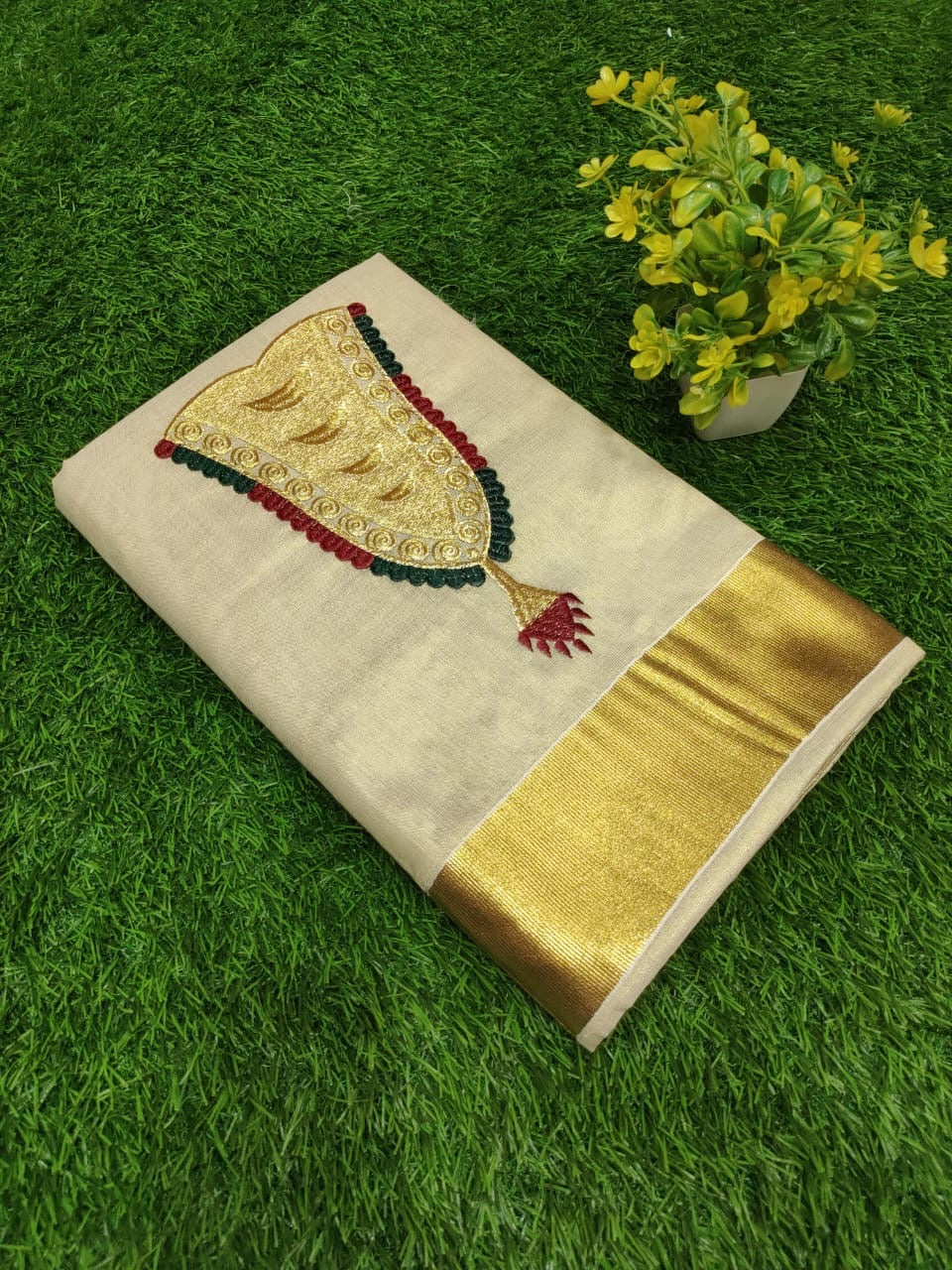 Nettipattam Embroidery Kerala Kasavu Saree in Tissue Silk – Traditional & Elegant | Shrees Fashion