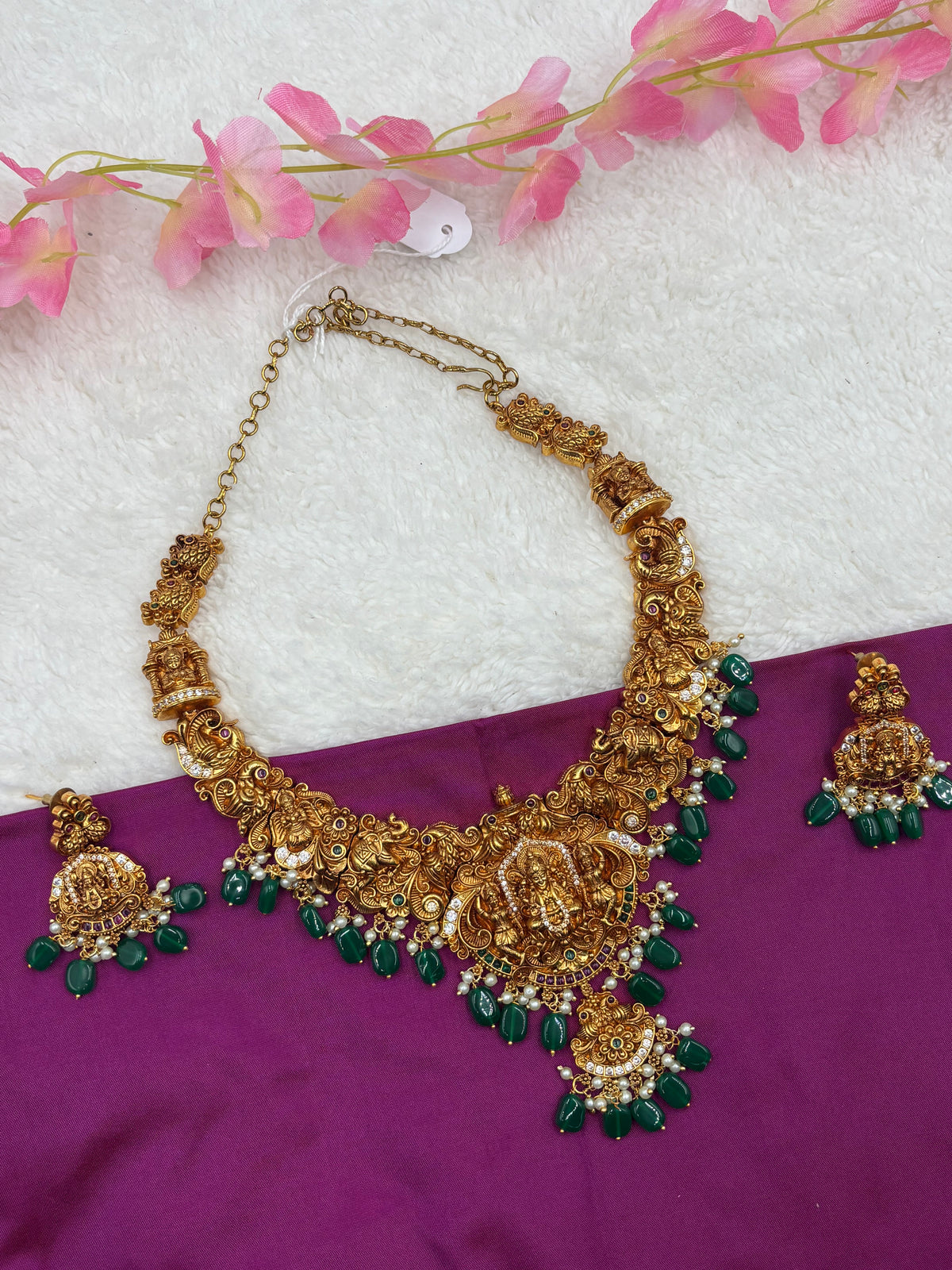 Premium Nakshi Temple Necklace Set with Lakshmi Design, Green Beads & Matching Earrings – Antique Gold Finish