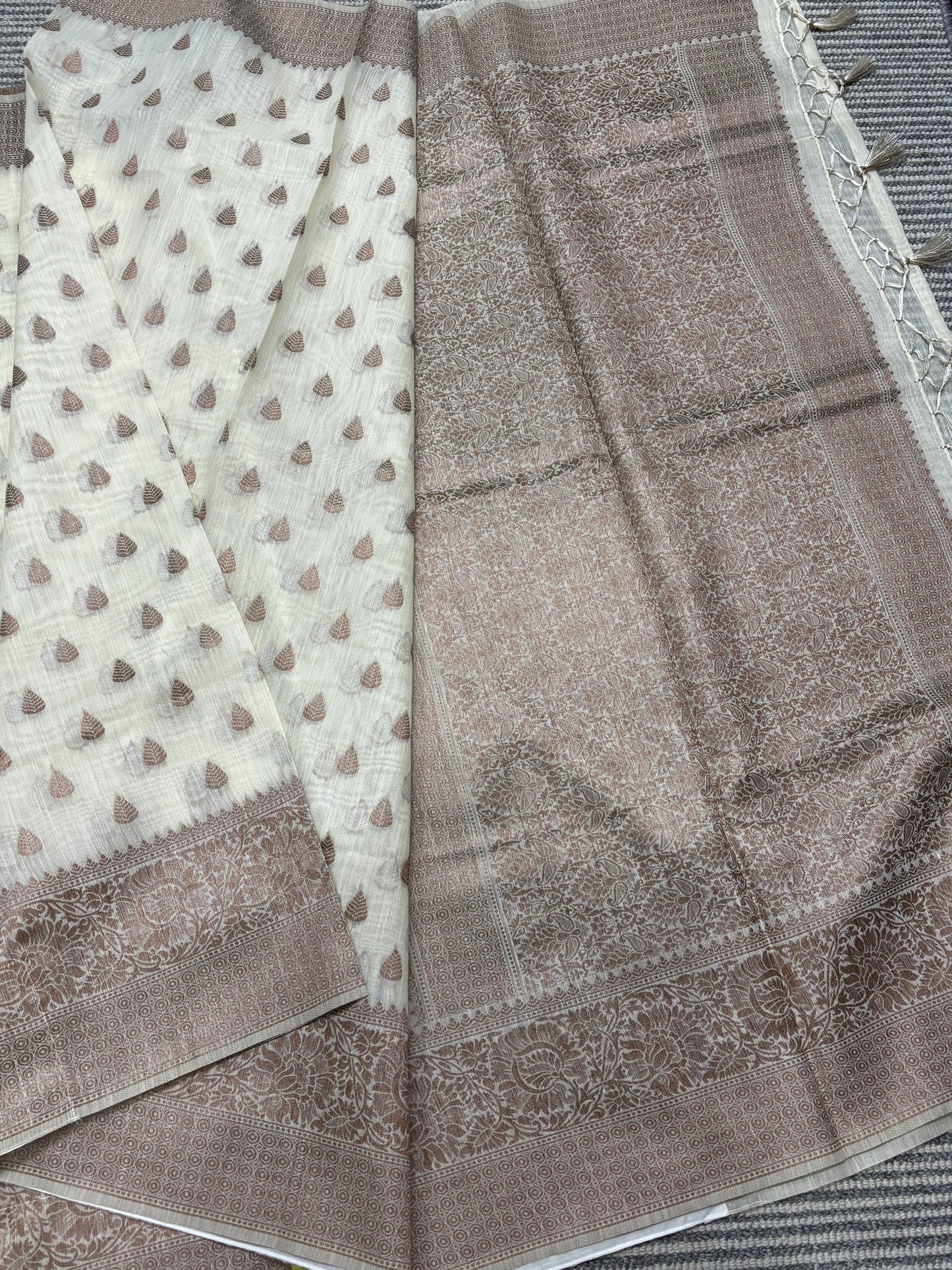 Elegant Beige Pure Tussar Saree with Brown Brocade Pallu & Antique Zari Border