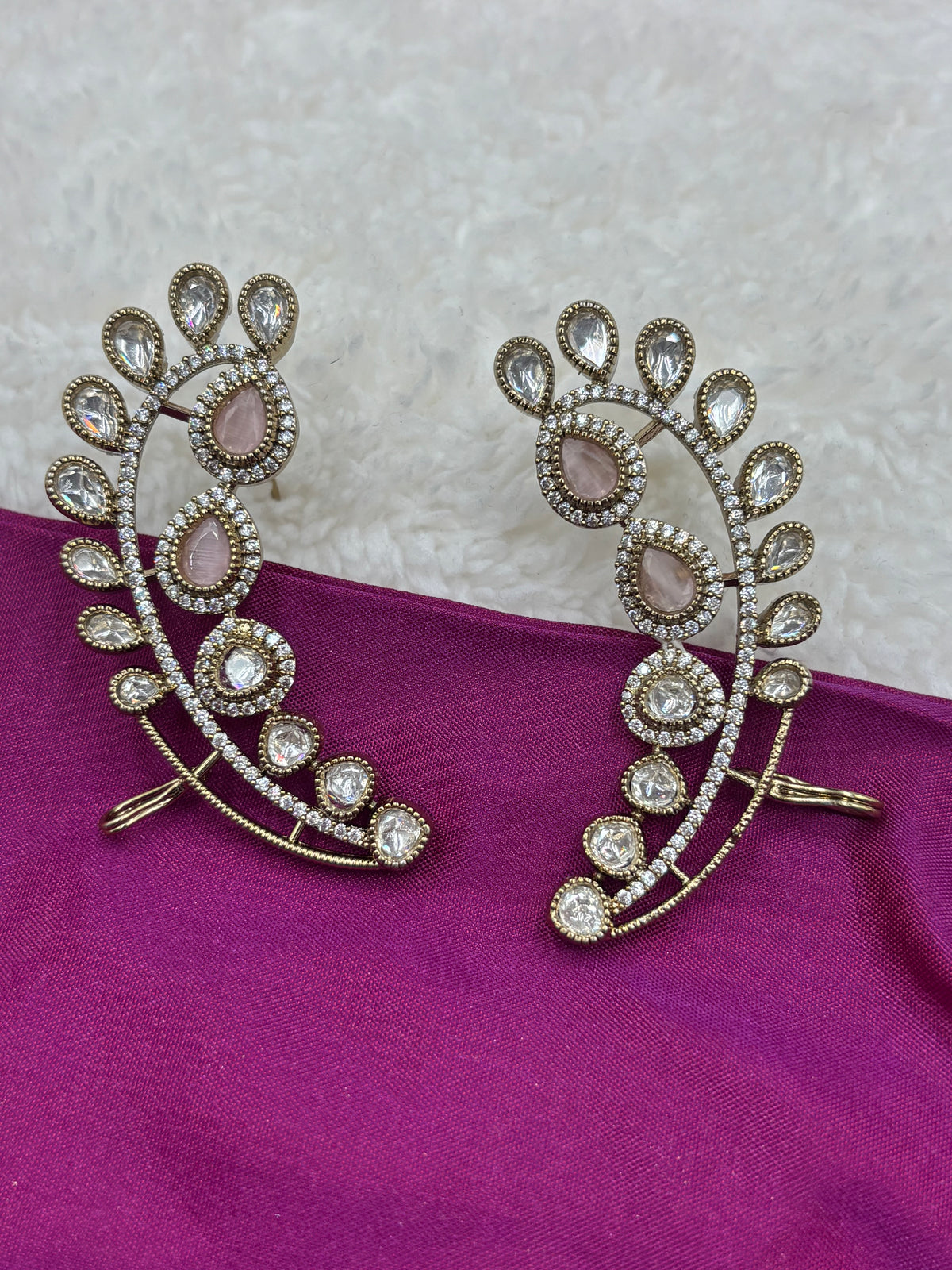 Elegant Gold Finish Polki Ear Cuff Studs with Light Crystal Stones