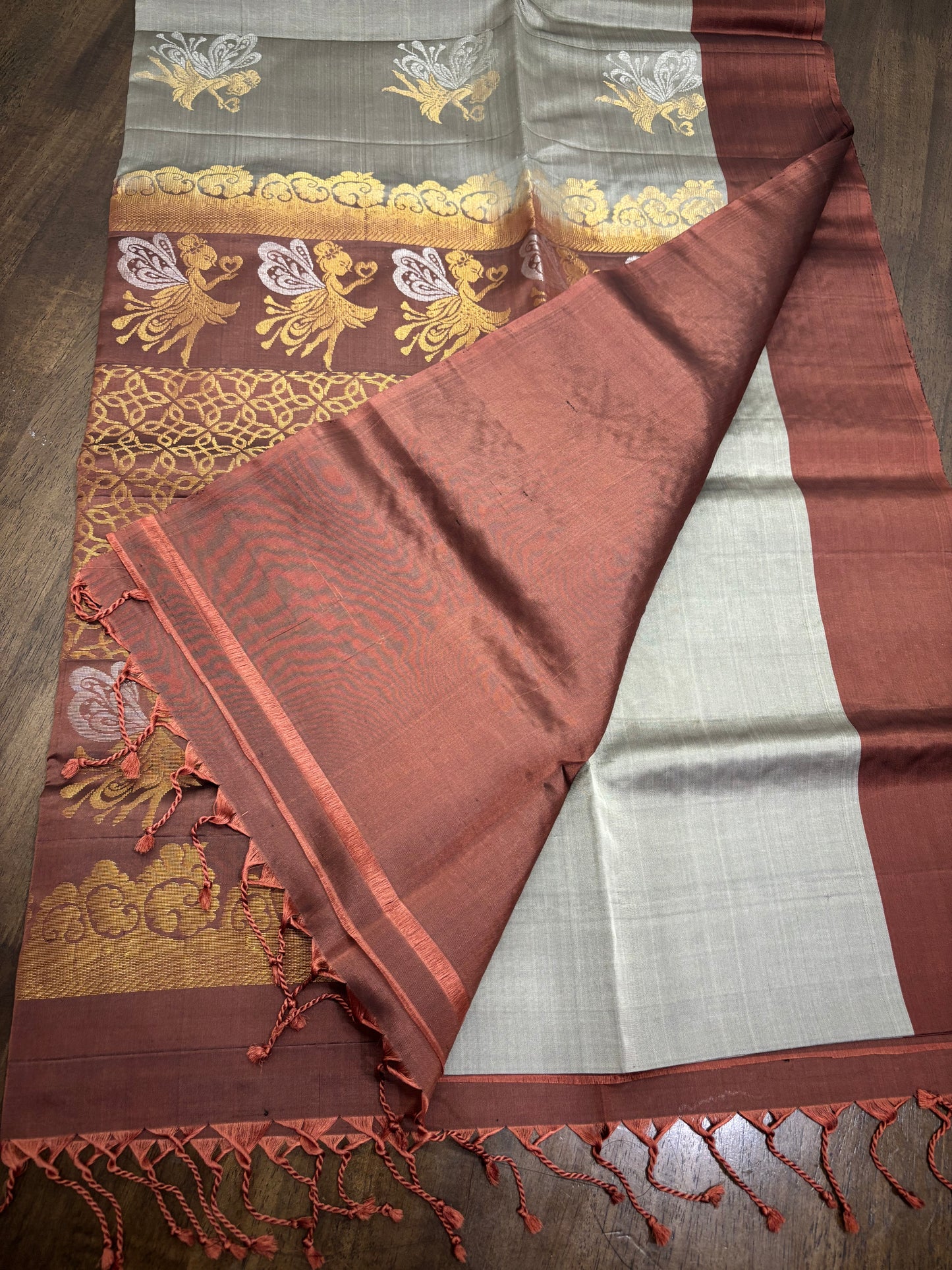 Grey and Brown Kanchipuram Silk Saree with Angel Butta