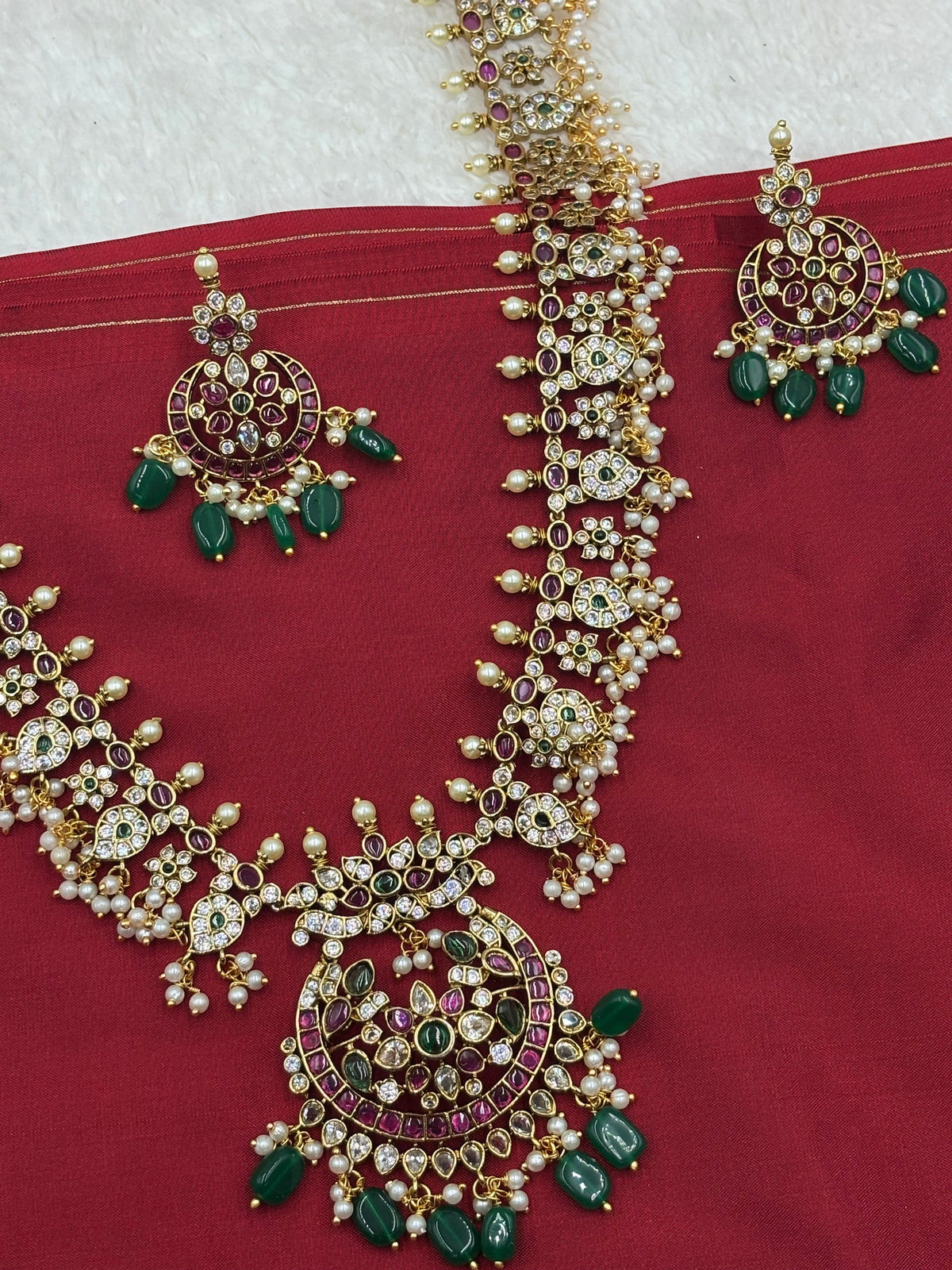 Premium Kemp Stone Long Haram Set with Chandragiri Design Pendant & Matching Earrings – Antique Gold Finish