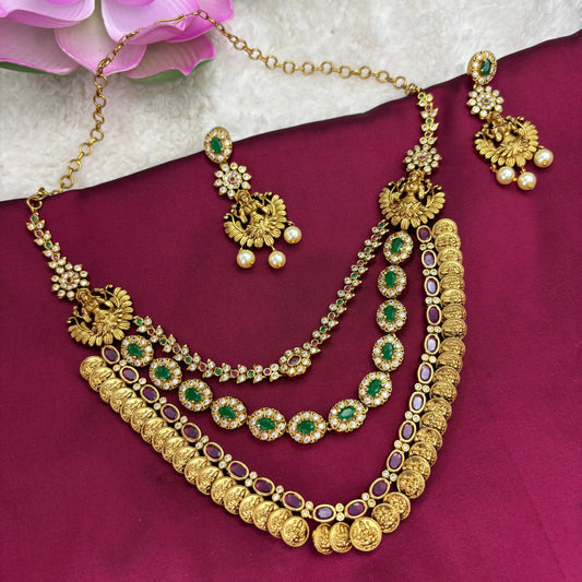 Triple Elegance – Three Layer Matte Gold Finish Necklace Set