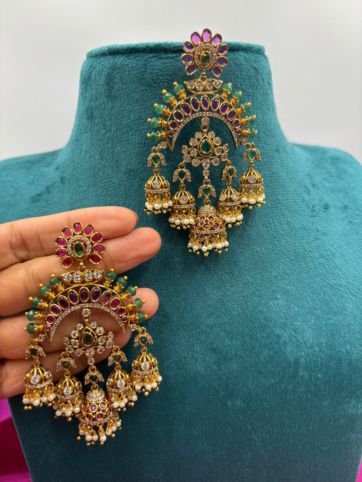 Royal Real Kemp Chandbali Jhumka Earrings with Pink Stones, Green Accents & Pearls – Antique Gold Finish