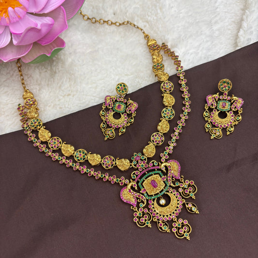Two-Layer Temple Necklace Set with Intricate Peacock Motif – Matte Gold Finish