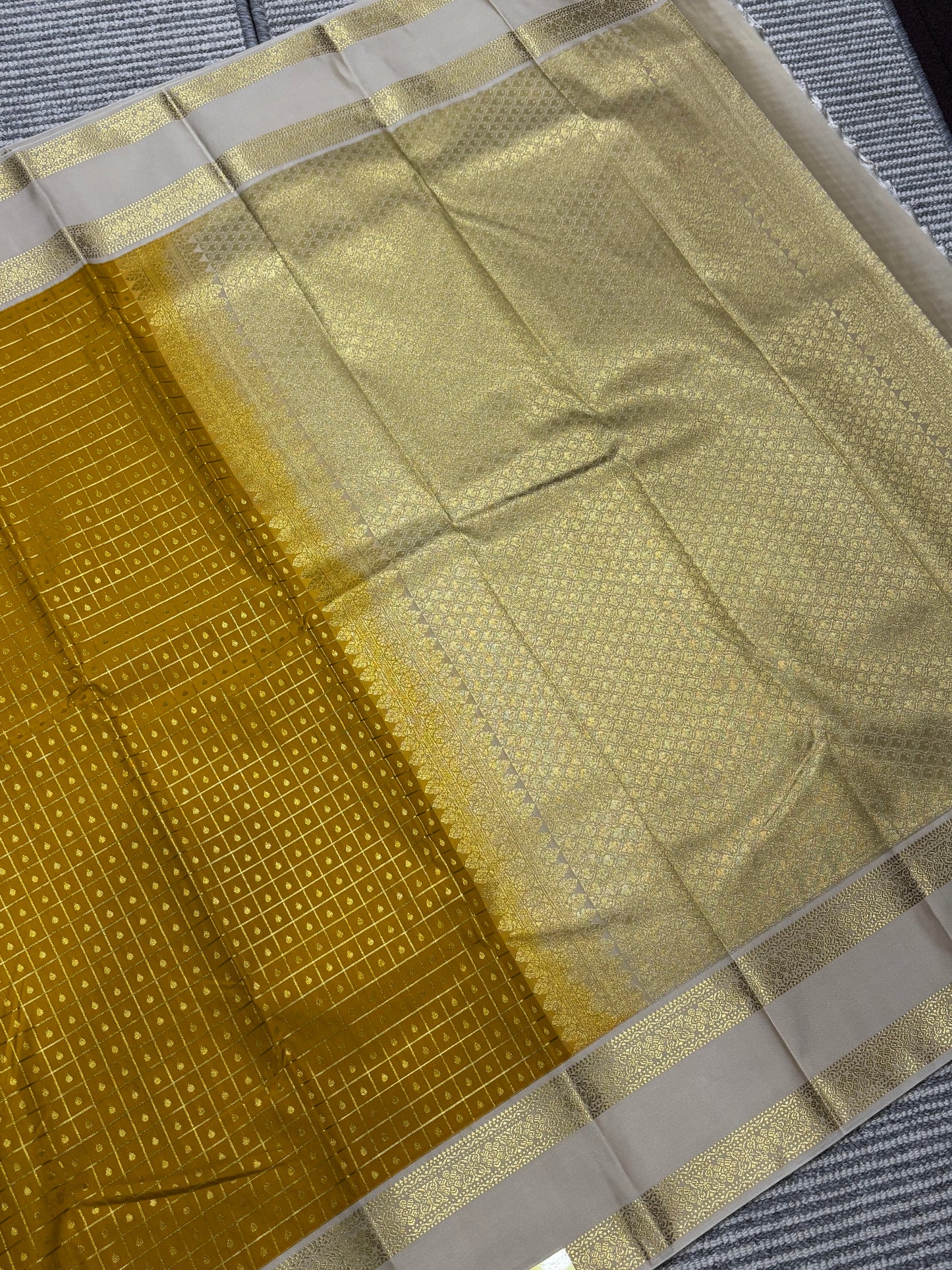 Elegant Semi Kanchipuram Saree – Mustard Body & Beige Gold Border