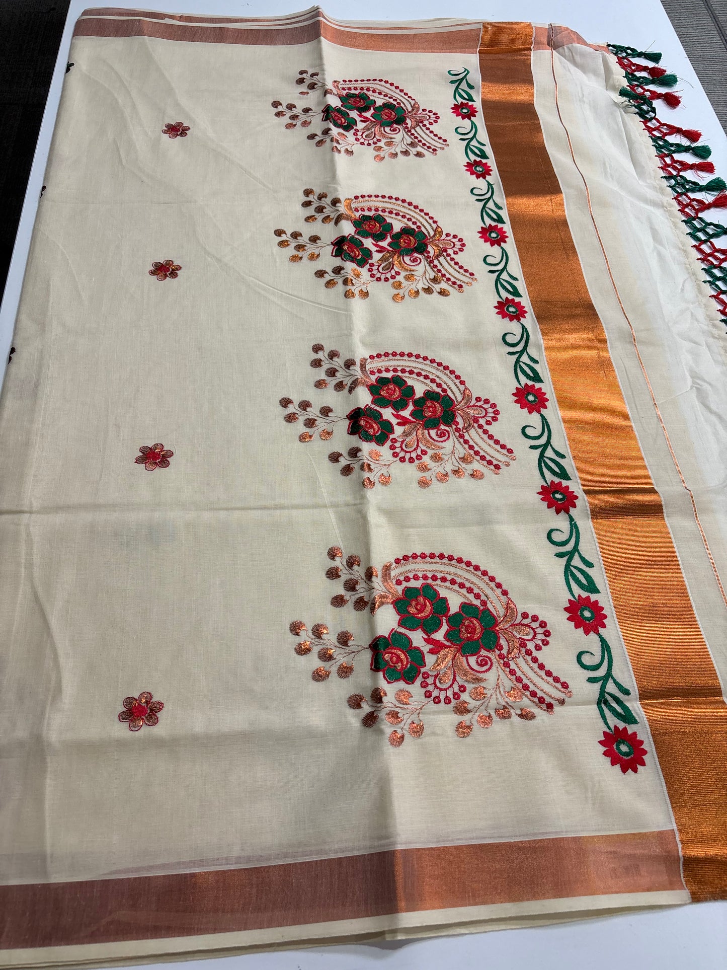 Red & Green Embroidery Kerala Kasavu Cotton Saree with Copper Zari Border | Shrees Fashion