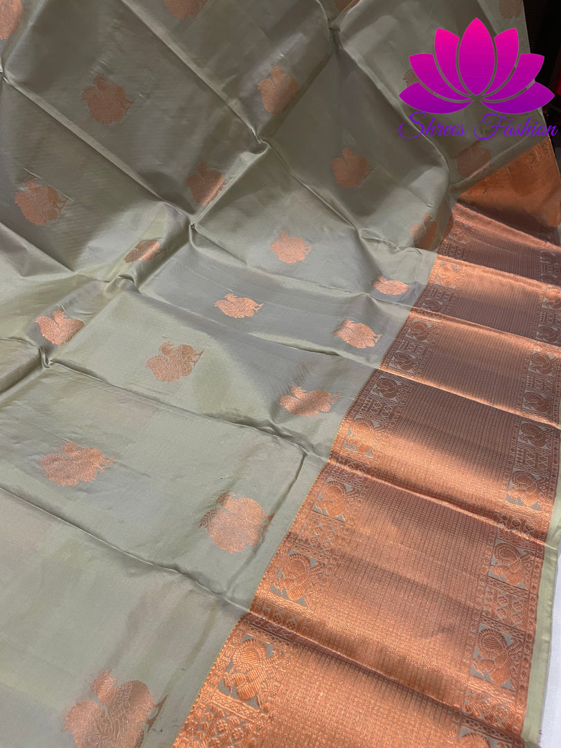 Grey with Rani Pink Copper Zari Butta Design Kanchipuram Silk Saree
