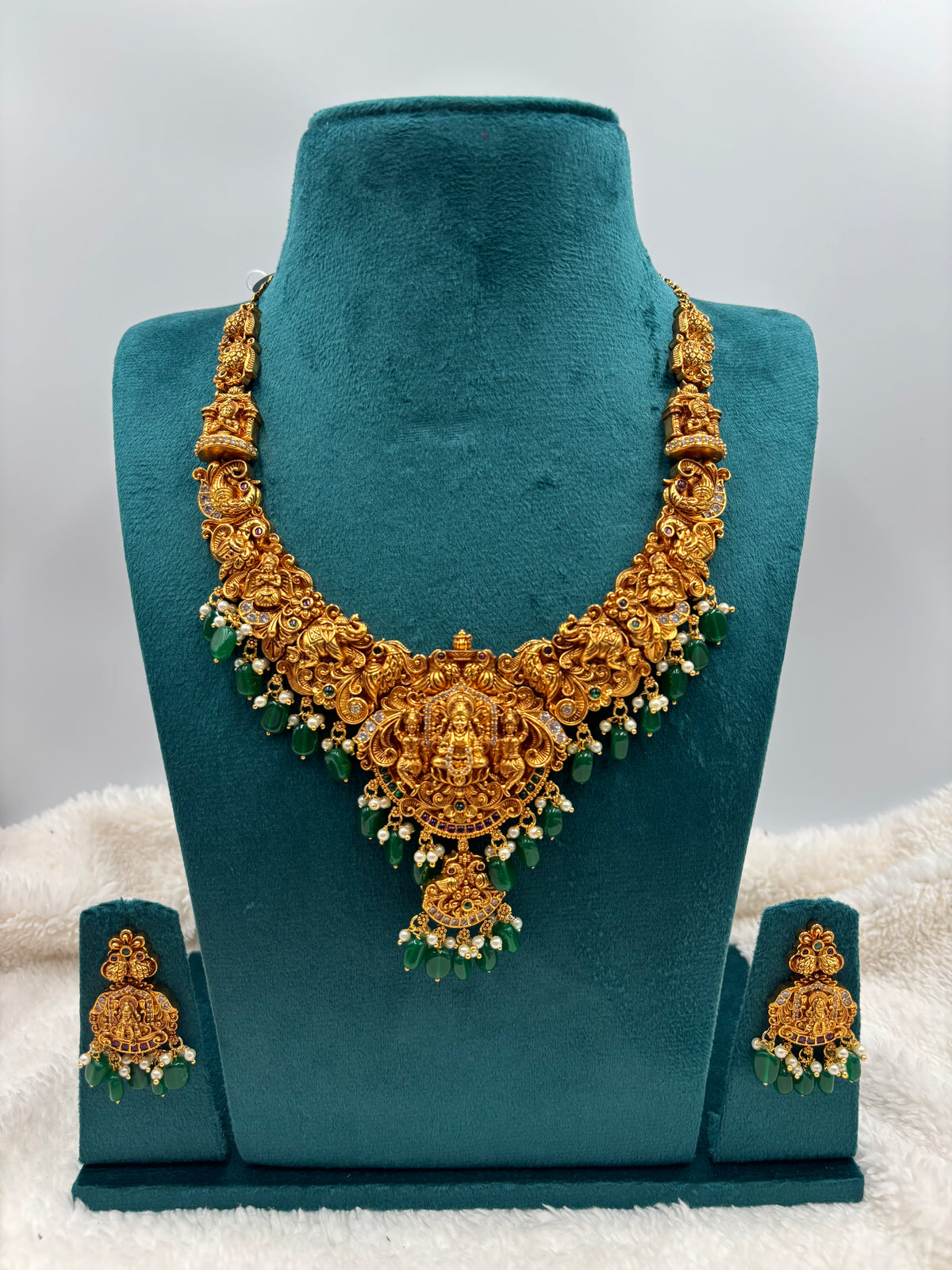 Premium Nakshi Temple Necklace Set with Lakshmi Design, Green Beads & Matching Earrings – Antique Gold Finish