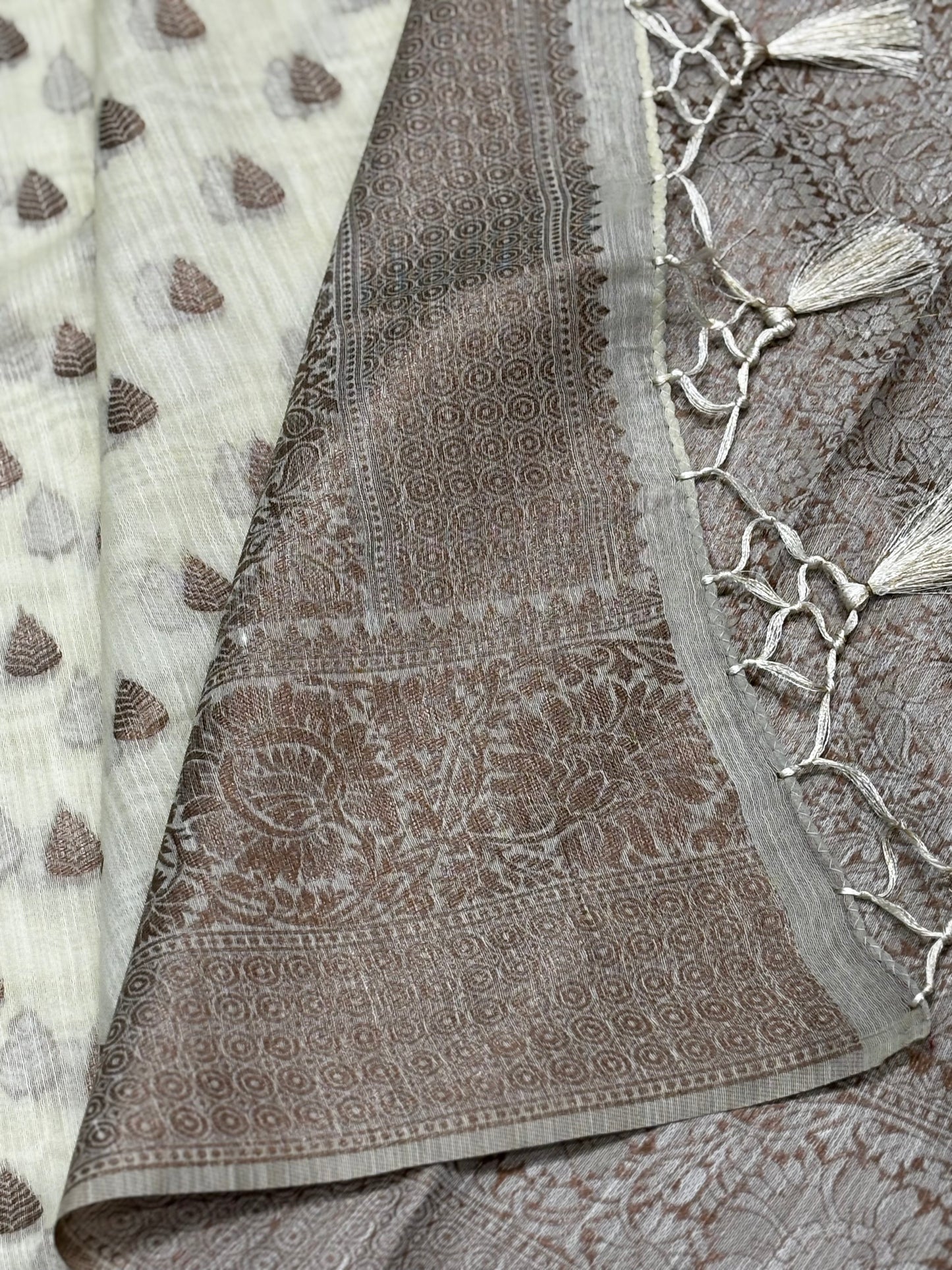 Elegant Beige Pure Tussar Saree with Brown Brocade Pallu & Antique Zari Border