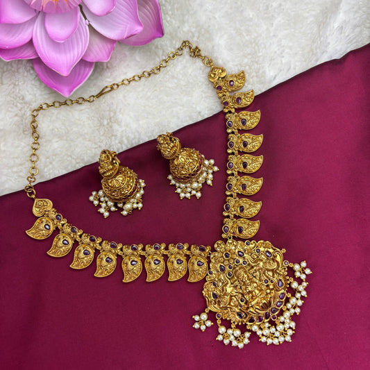 Sacred Bloom – Temple & Mango Design Necklace Set with Pink Stones and Jhumkas