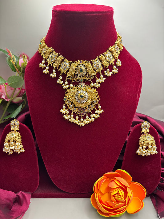 Peacock Grace – Matte Gold Necklace Set with CZ Sparkle & Pearl Accents
