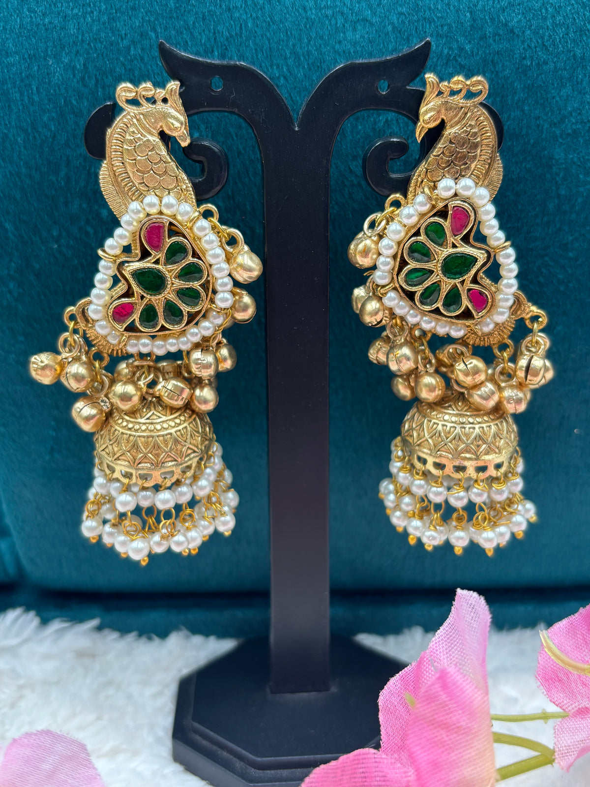 Classic Gold Finish Peacock Meenakari Earrings with Pearls & Gold Beads