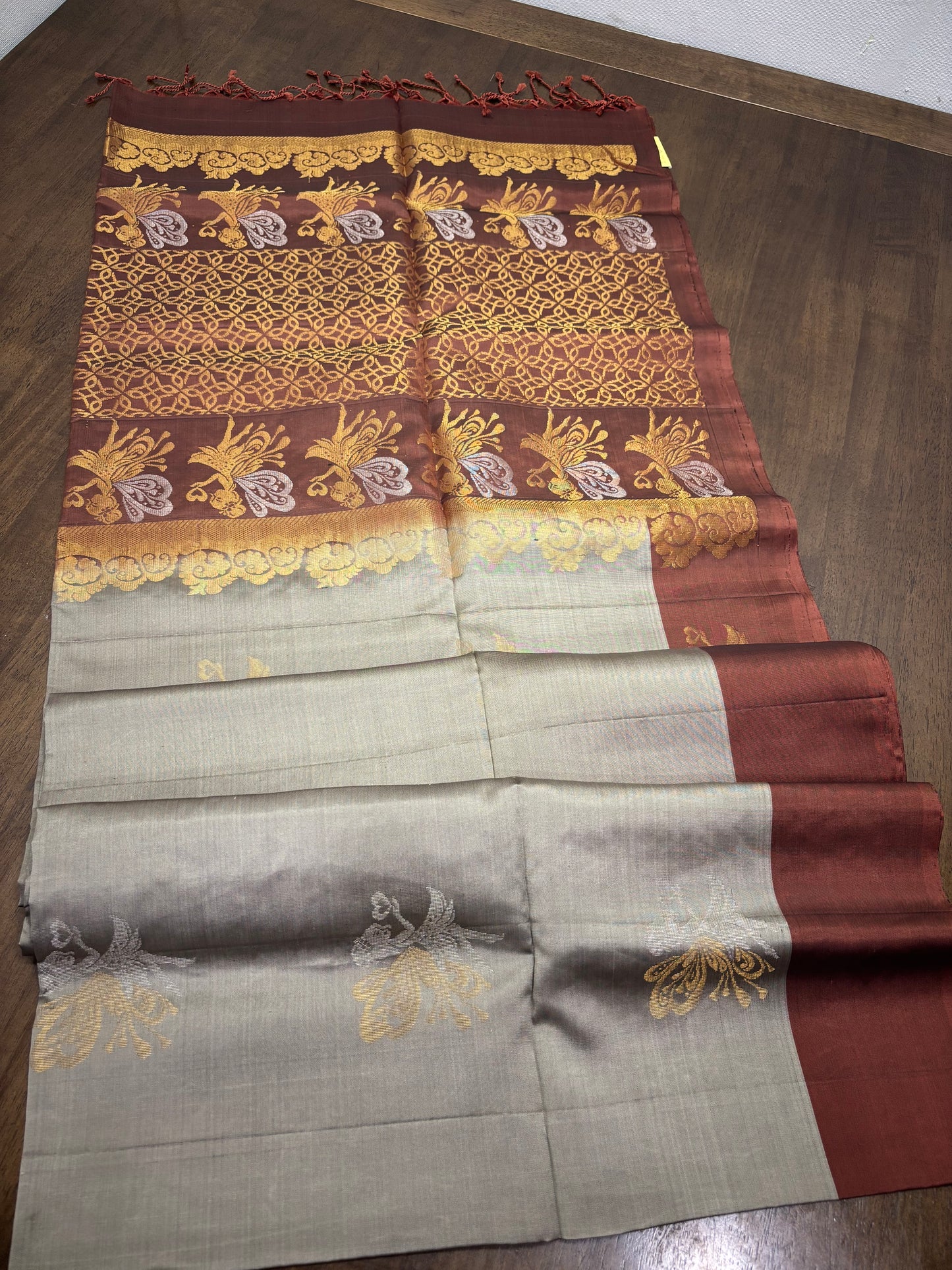 Grey and Brown Kanchipuram Silk Saree with Angel Butta