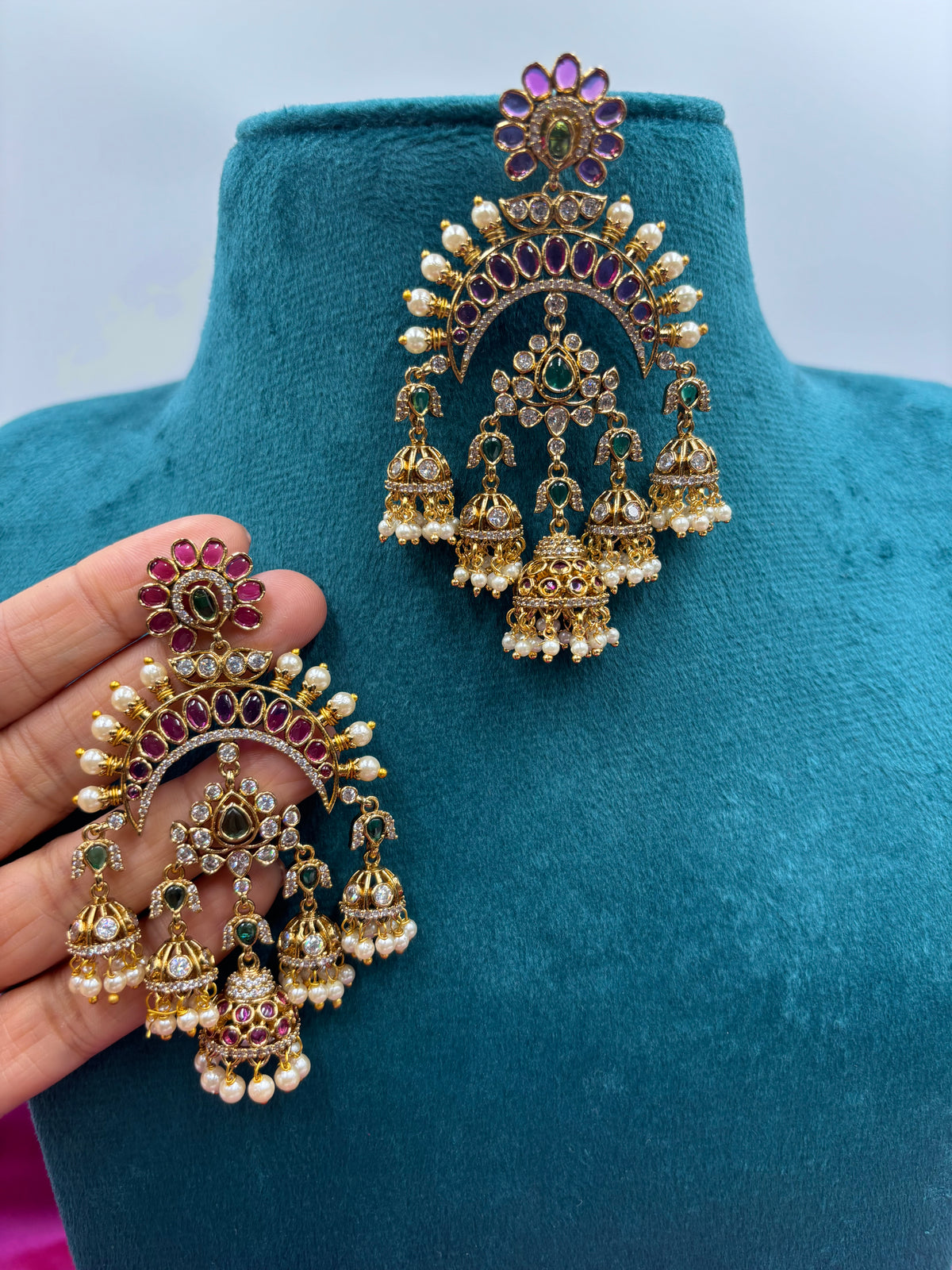 Heritage Real Kemp Stone Chandbali Earrings with Grand Triple Jhumka & Pearl Fringe