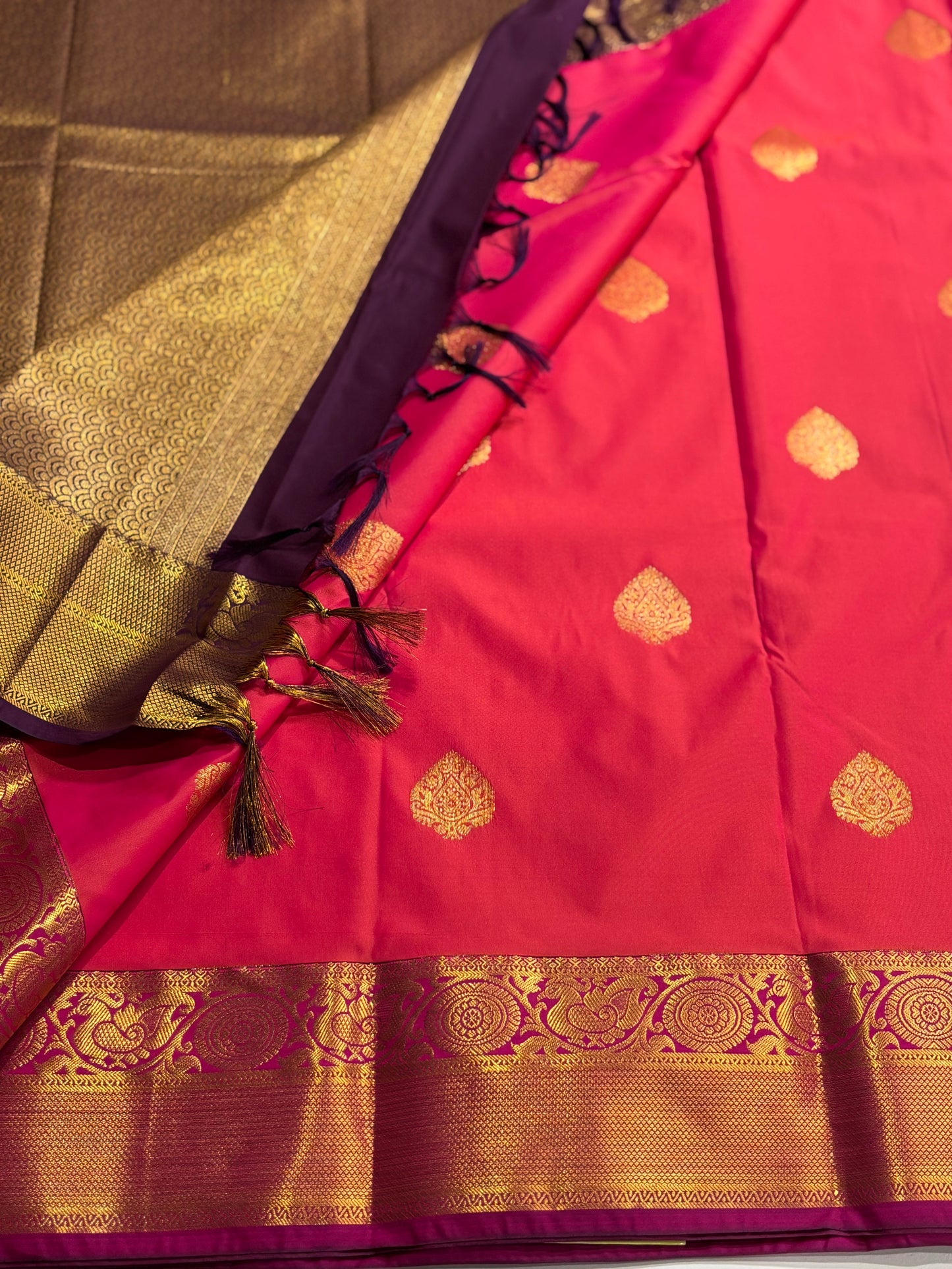 Elegant Pink Kanchipuram Semi Silk Saree with Rich Wine Contrast Border & Pallu