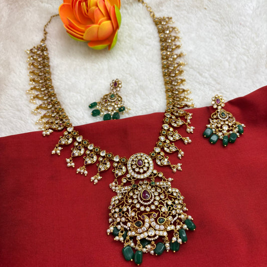 Premium quality matte gold finish long haram sets with green beads
