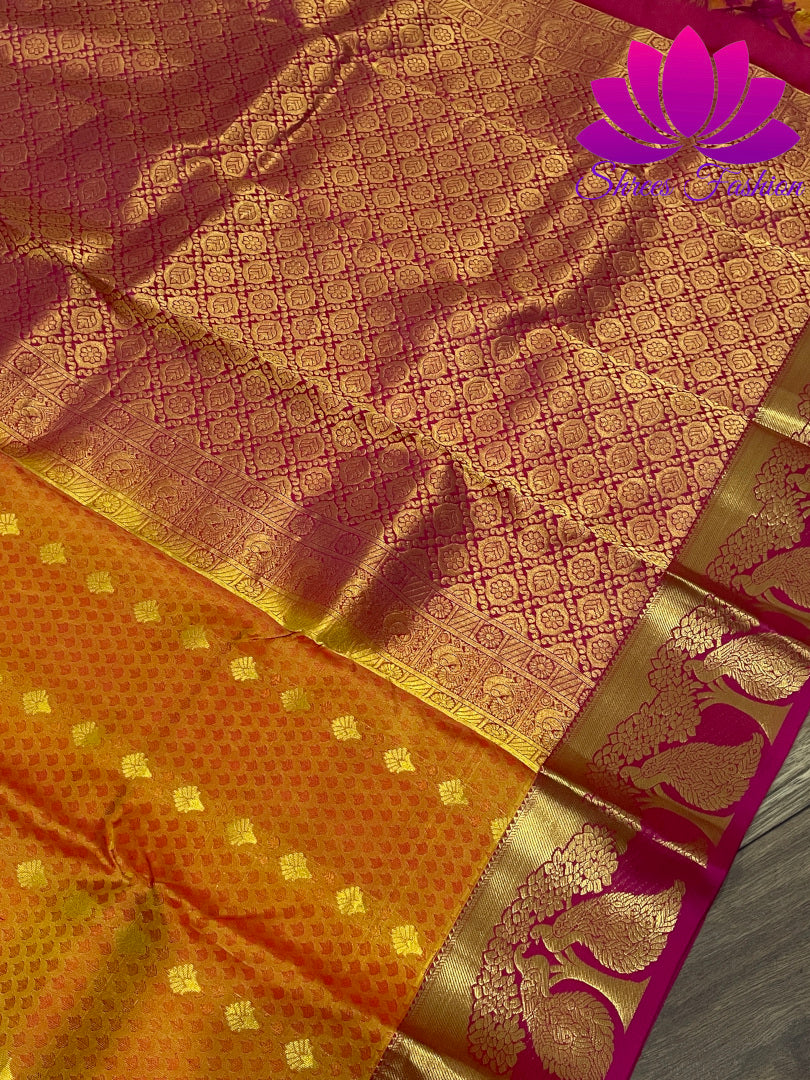 Mustard Yellow with Pink Colour Gold Zari Embossed Design Kanchipuram Silk Saree