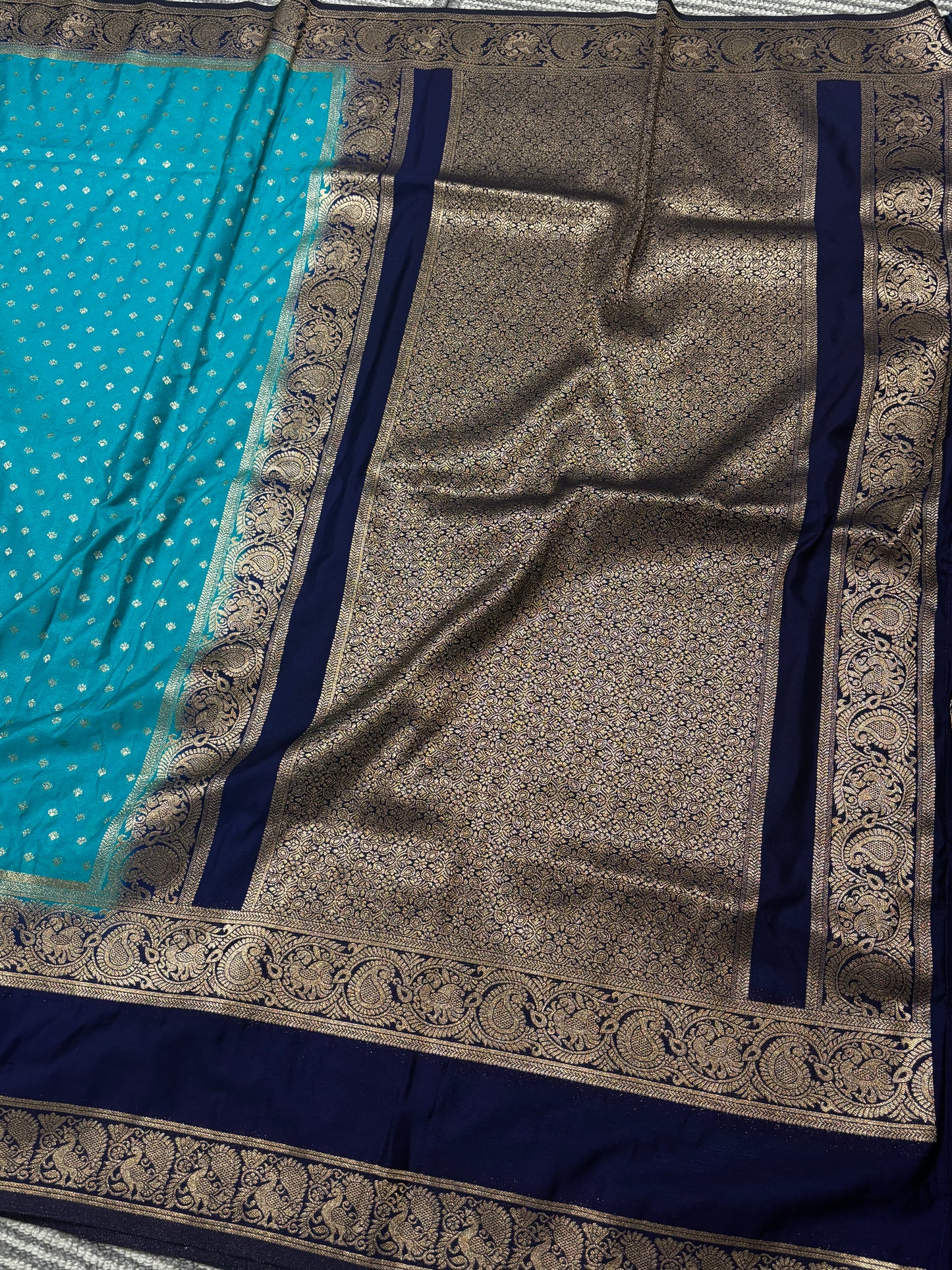 Beautifully Woven Sky Blue Banarasi Soft Silk Saree with Dark Blue Zari Border, Pallu & Contrast Blouse Piece